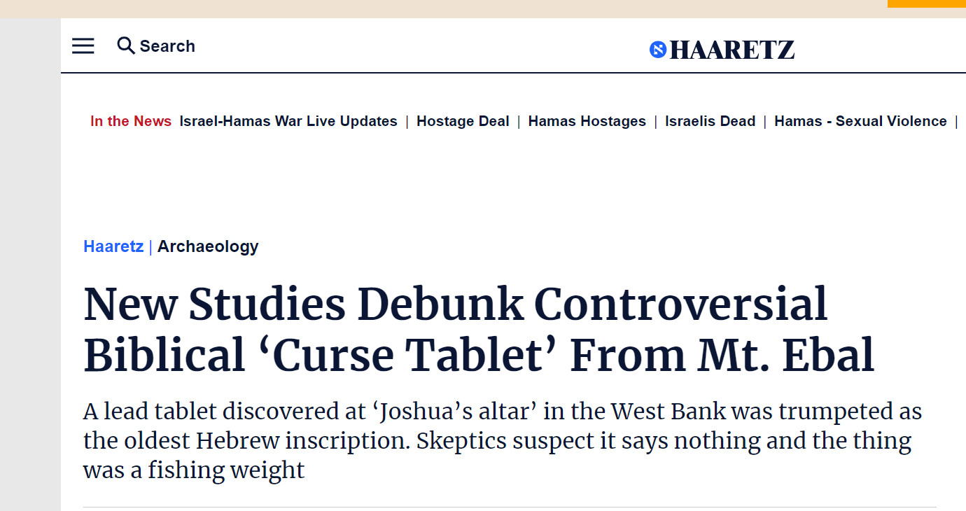 A headline from Ha'aretz about the Ebal curse tablet being debunked