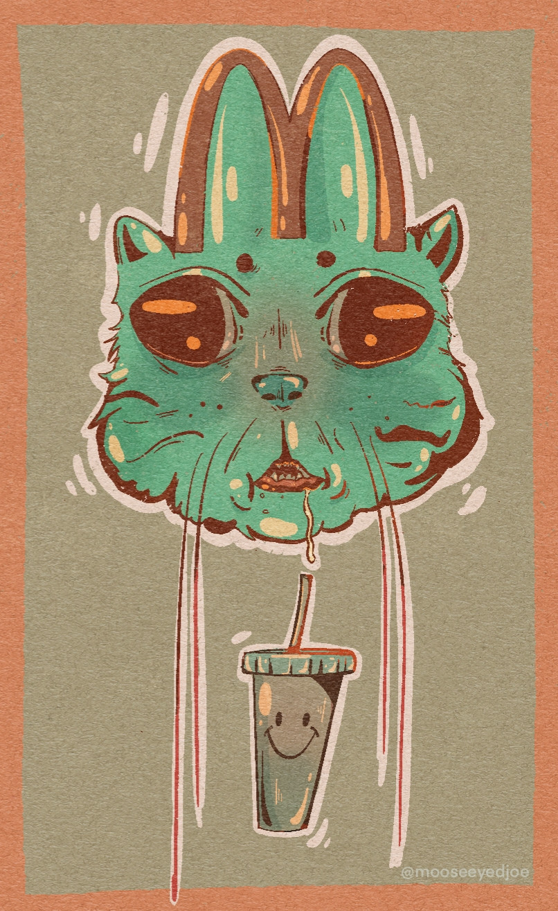 Drawing of a green cat head with golden arches on its forehead and a cup with a smiley face below it.