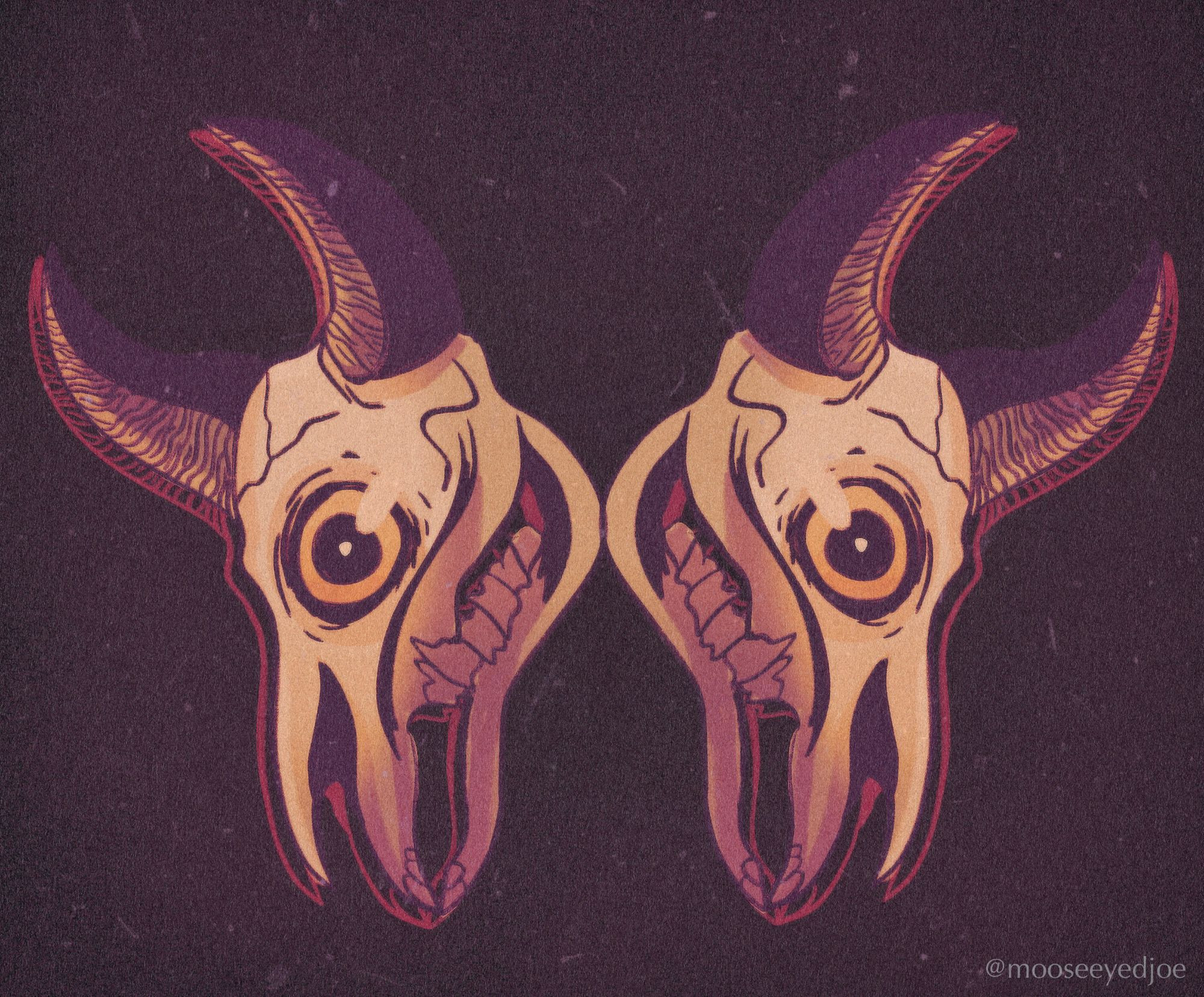 2 animal skulls with wide eyes. Colored in a faded orange palette.