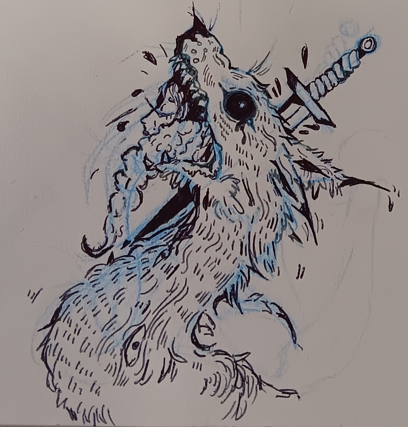 Wolf beast with a sword in its head as it is puking up a woman.