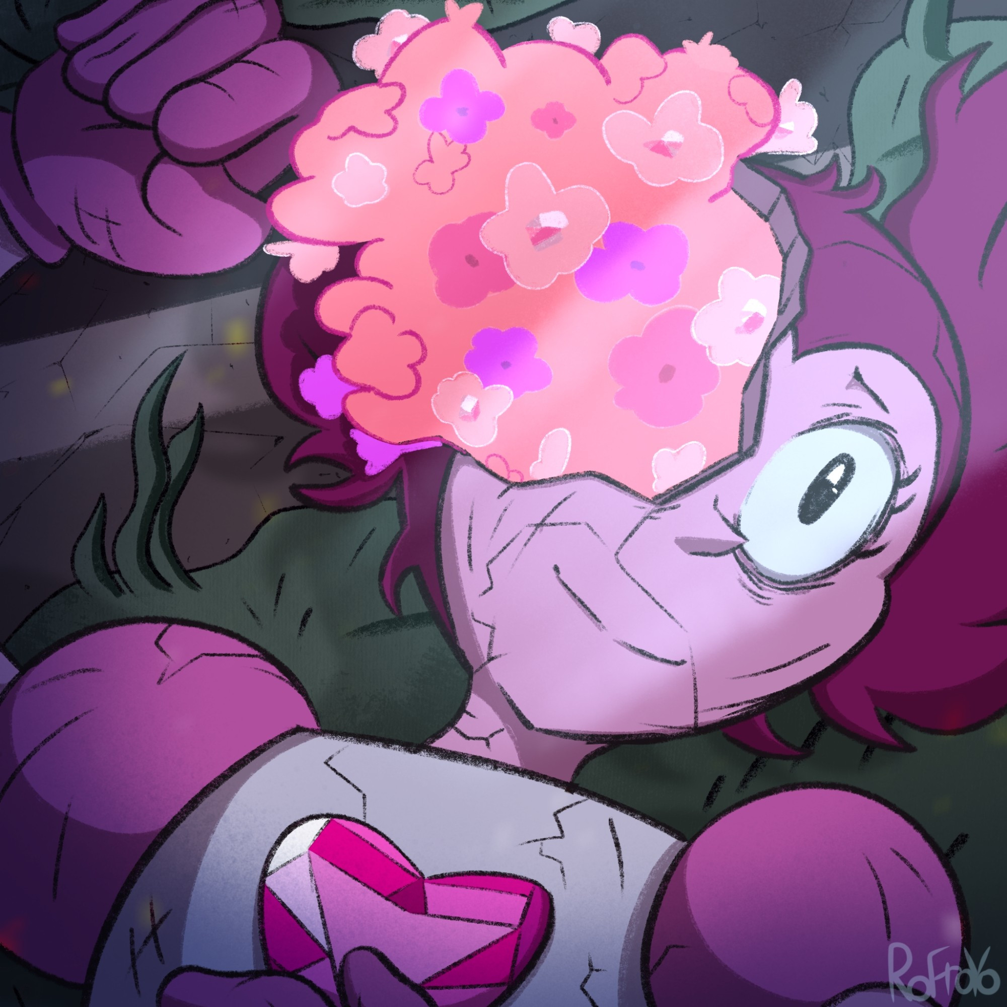 Spinel lays in Rose's garden, flowers sprouting from her head.