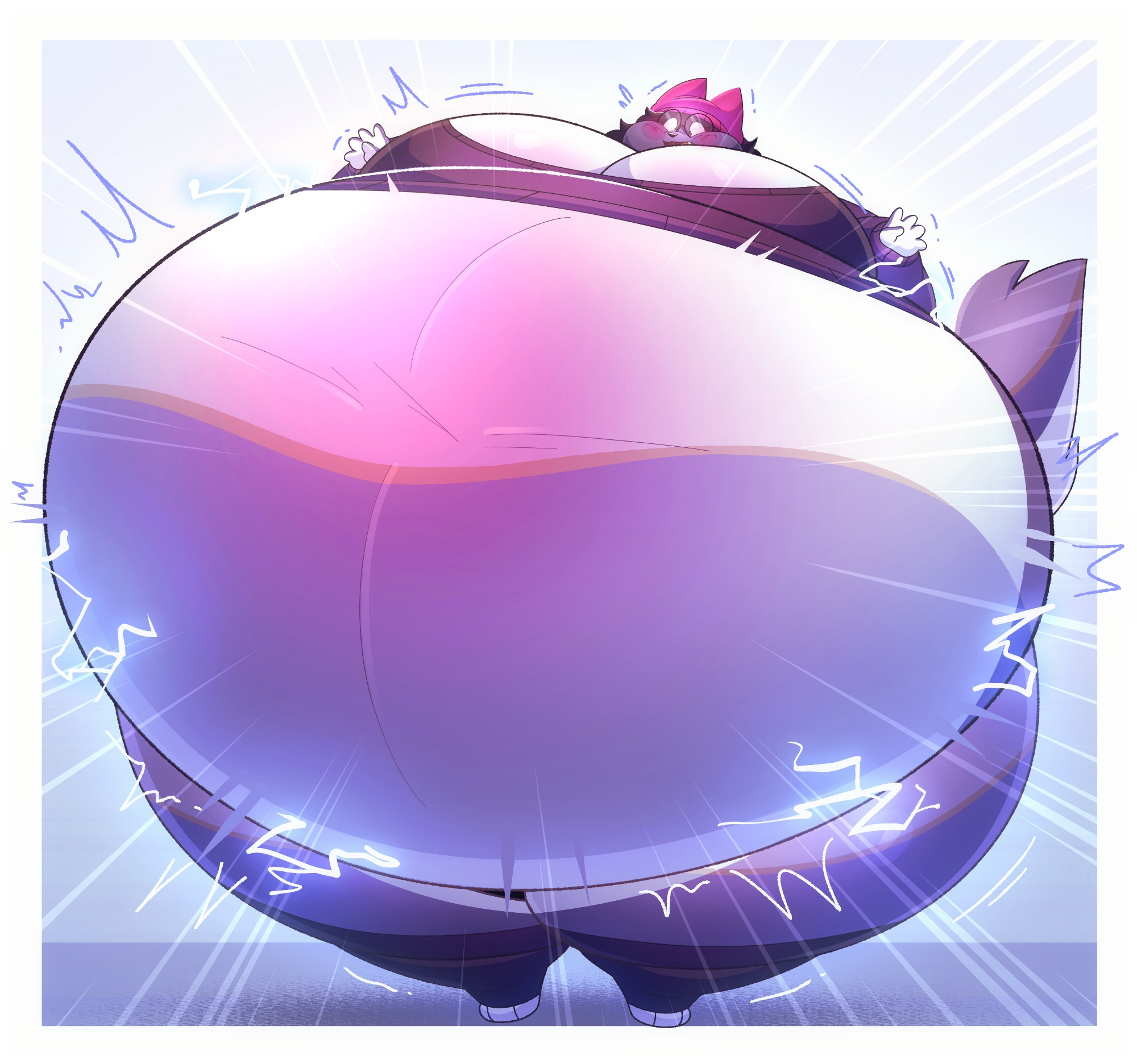 he's totally lost control as his body completely blimps out of proportion like an enormous creaking crackling bomb of magic energy, he's visibly incredibly flustered at his predicament 