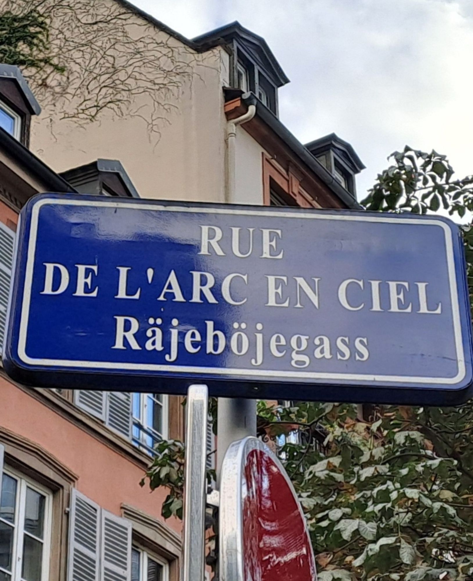 Skylt med texten Rue de l'Arc en Ciel på franska och Räjeböjegass på elsassiska [Regnbågsgränd]