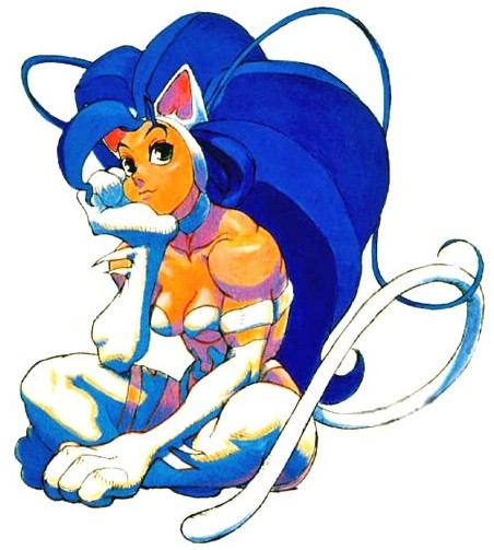 Art of Felicia from Darkstalkers, a cat girl with long blue hair and white paws, thigh highs, ears, and a tail resting her cheek on one paw while sitting 