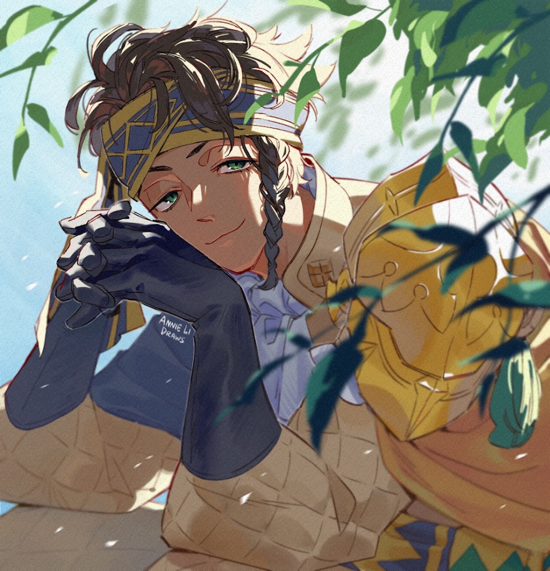 Digital painting of Claude von Riegan from Fire Emblem 3 Houses sitting in warm sunlight under a tree.