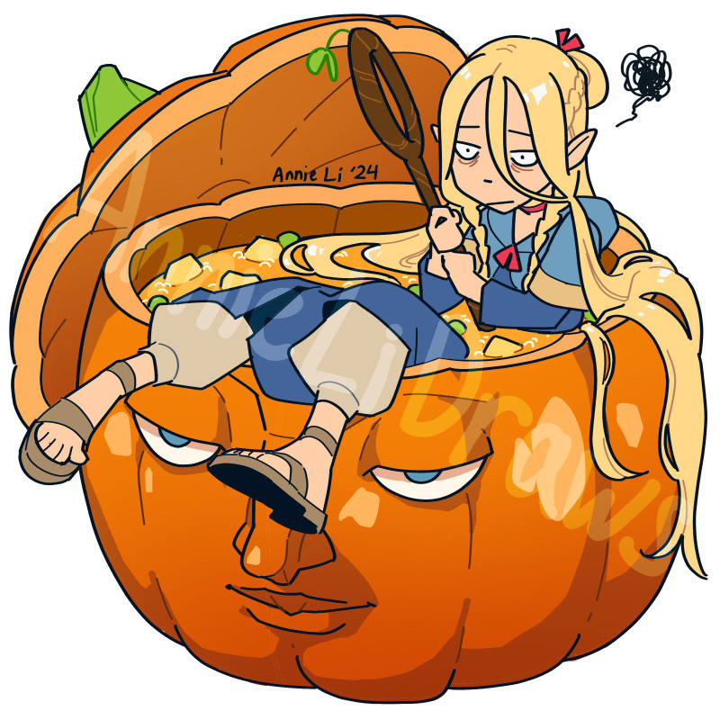 Marcille from Dungeon Meshi stewing in Jack-o'-Lantern Potage.