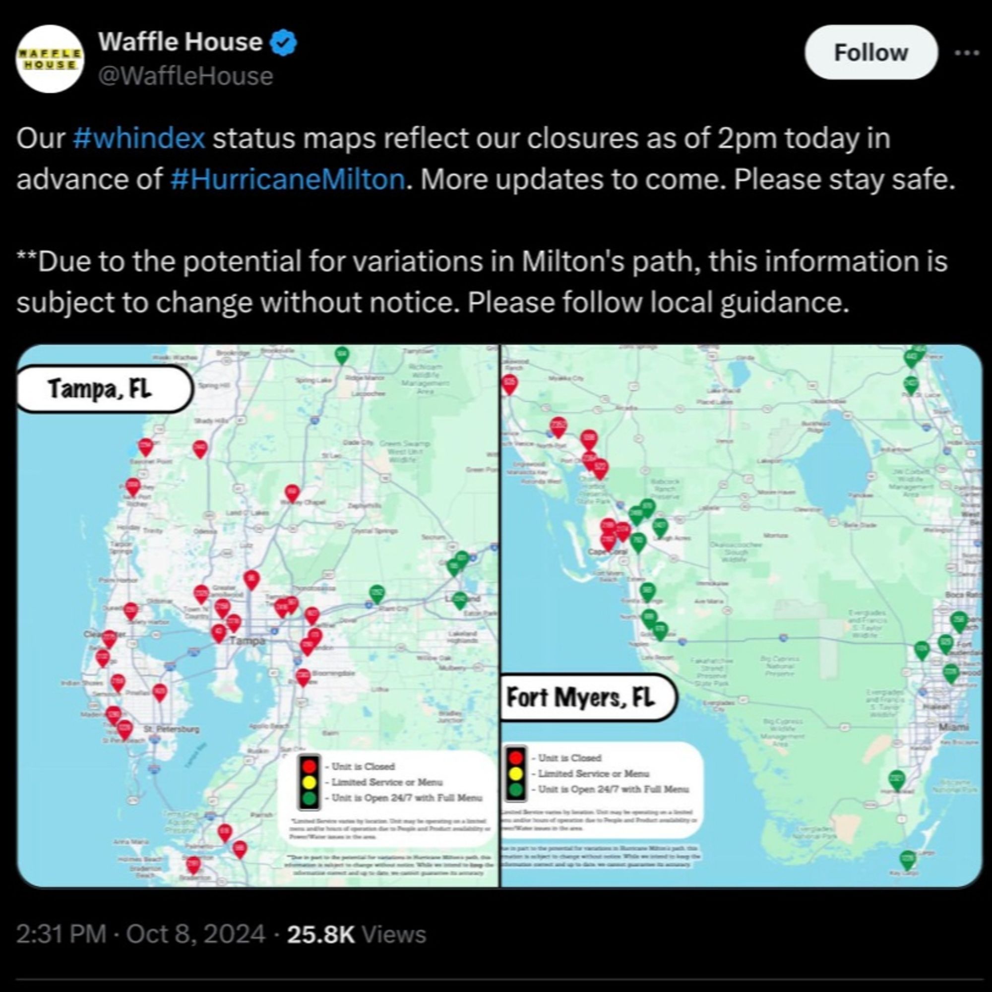 Maps of all the closed Waffle Houses in Tampa and Fort Myers, Florida for Hurricane Milton.  They're closed already on October 8, 2024 at 4:45PM.