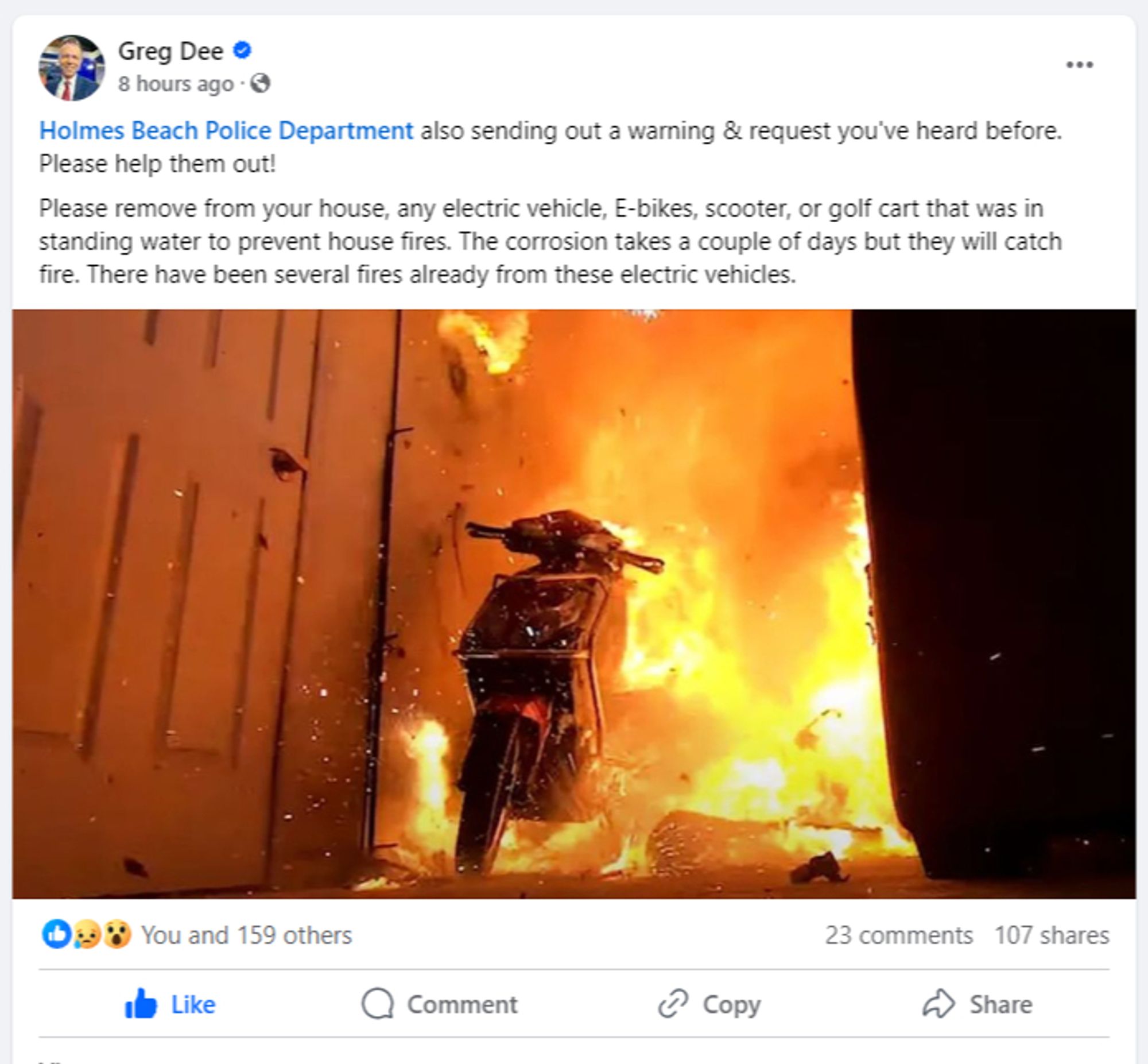 The Facebook post from Greg Dee's feed which says "Holmes Beach Police Department also sending out a warning & request you've heard before.  Please help them out!  Please remove from your house any electric vehicle, E-bikes, scooter, or golf cart that was in standing water to prevent house fires.  Thee corrosion takes a couple of days but they will catch fire.  There have been several fires already from these electric vehicles."  I had to put a JPG of the post because Facebook links act funny on BlueSky. Shrug.