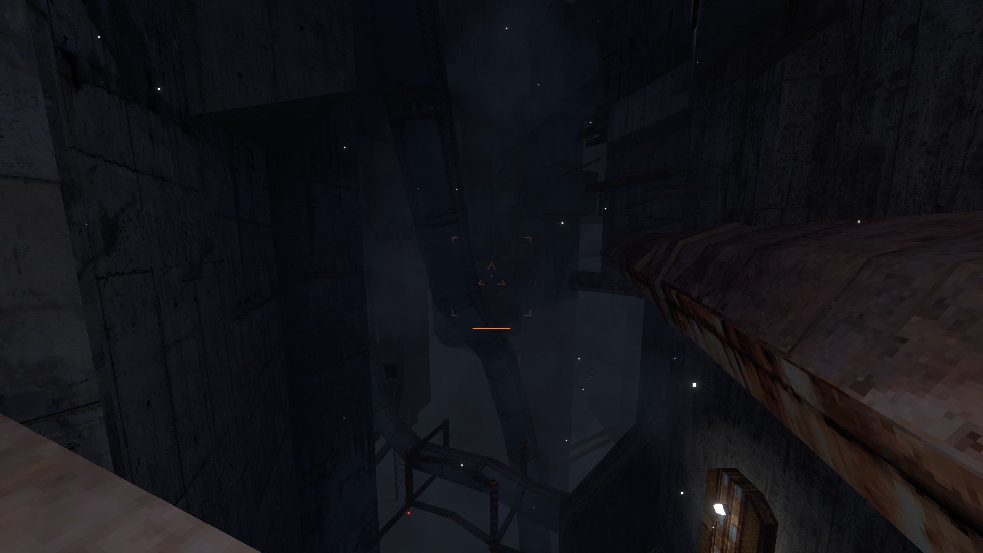 A screenshot from the first level from the game Lorn's Lure. A first-person perspective of the inside of a massive, worn-down facility. It is dimly lit by a single light and fog gives the impression that the facility never ends.