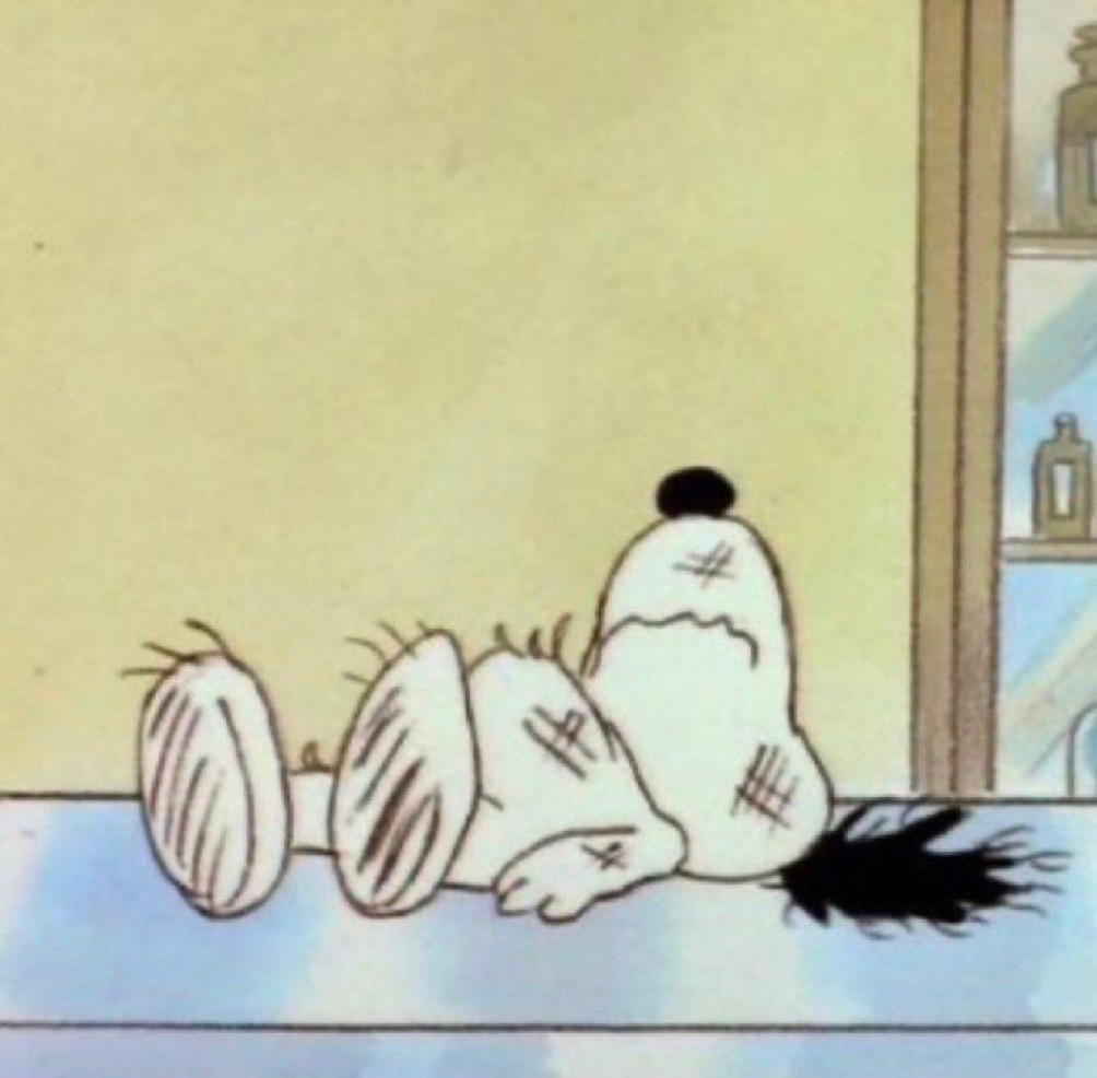 snoopy the dog laying on their back looking disheveled 