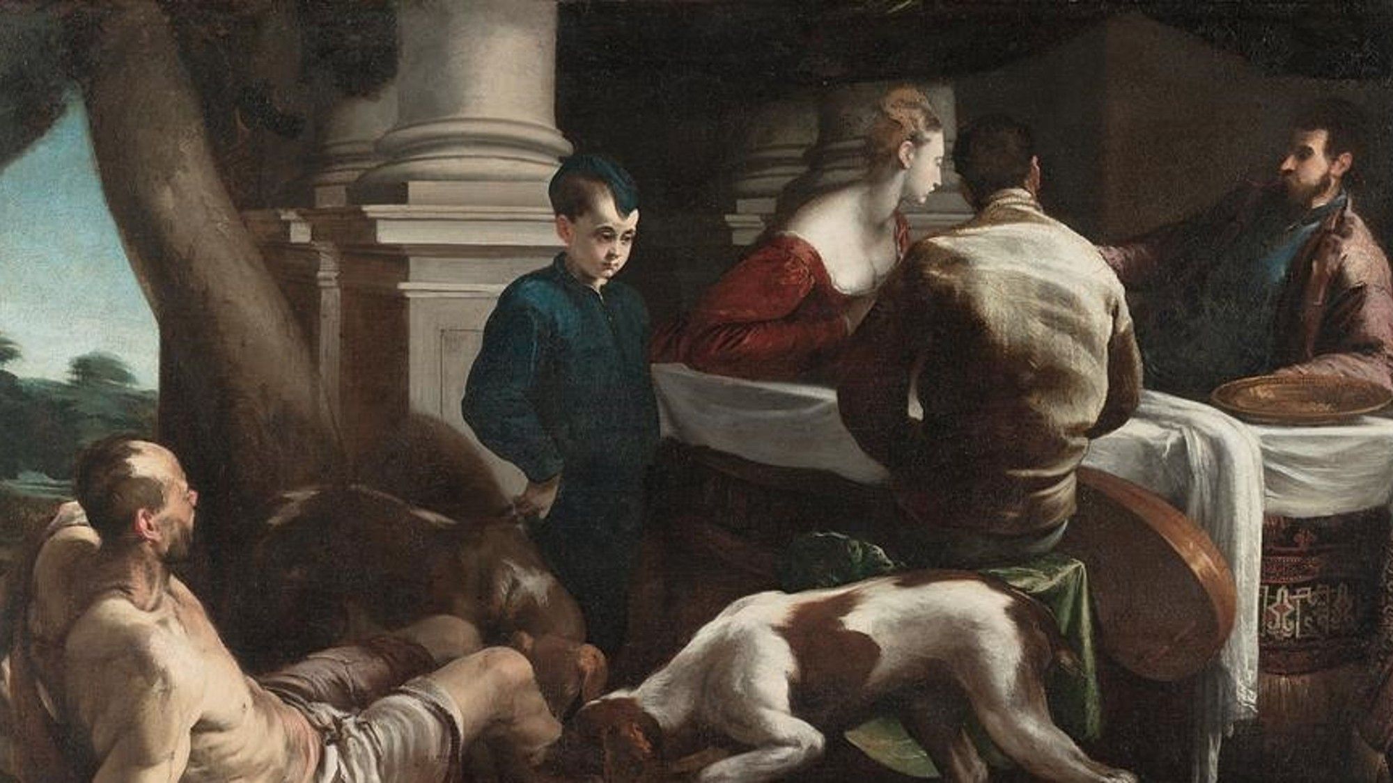 Renaissance artwork depicting scene from parable of dives and lazarus with beggar's sores being licked by a dog.