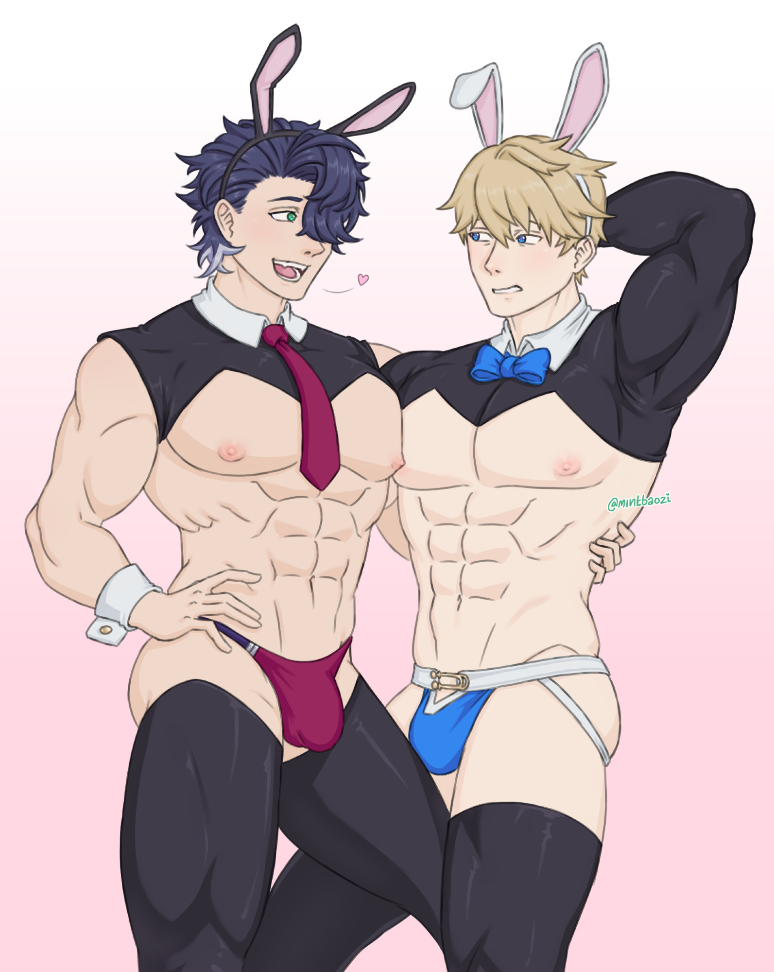 Sampo and Gepard from Honkai Star Rail wearing reverse bunny suits and skimpy underwear