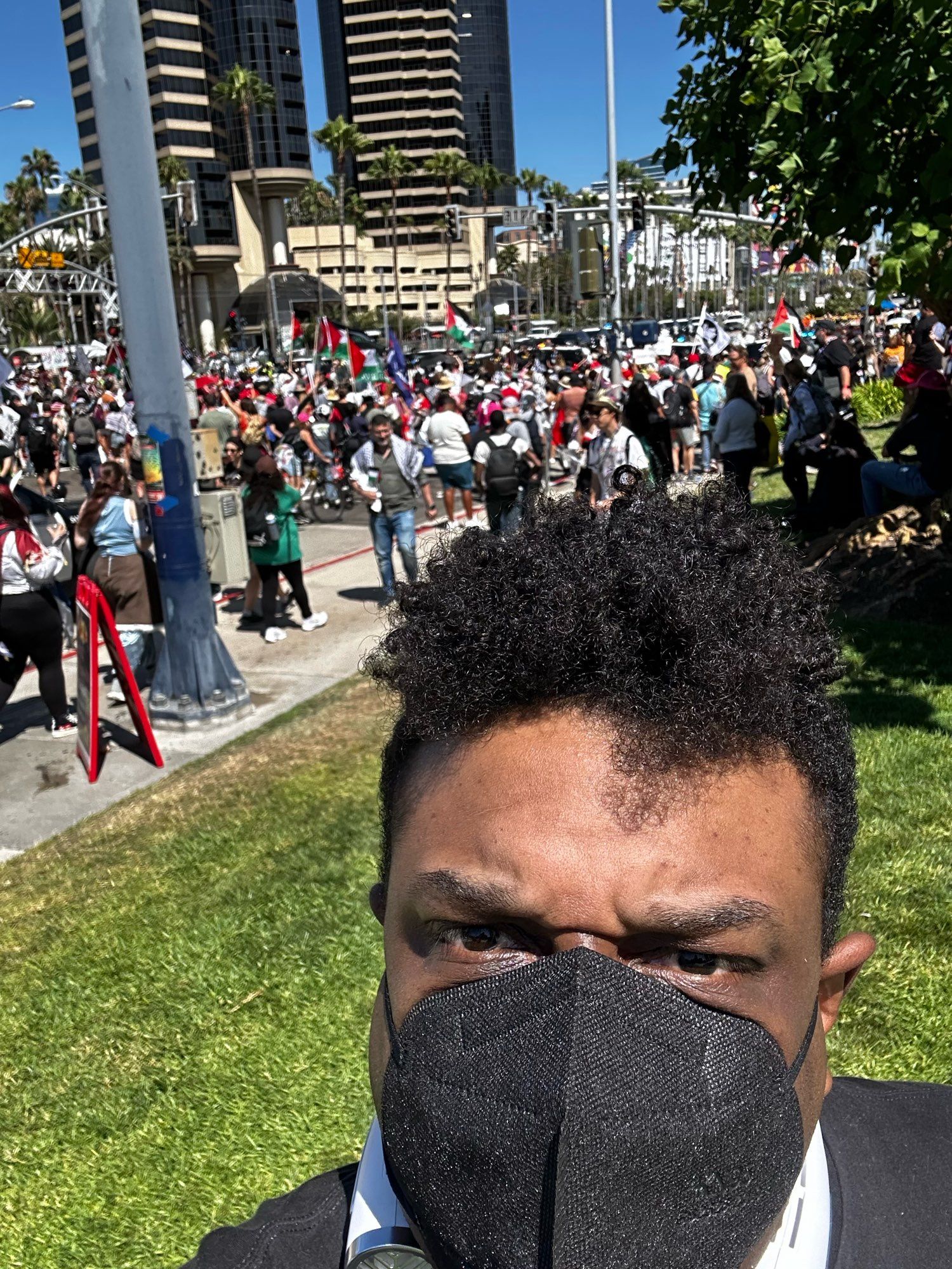 Imagine: crowds gathered outside San Diego convention center to protest against genocide of Palestinians