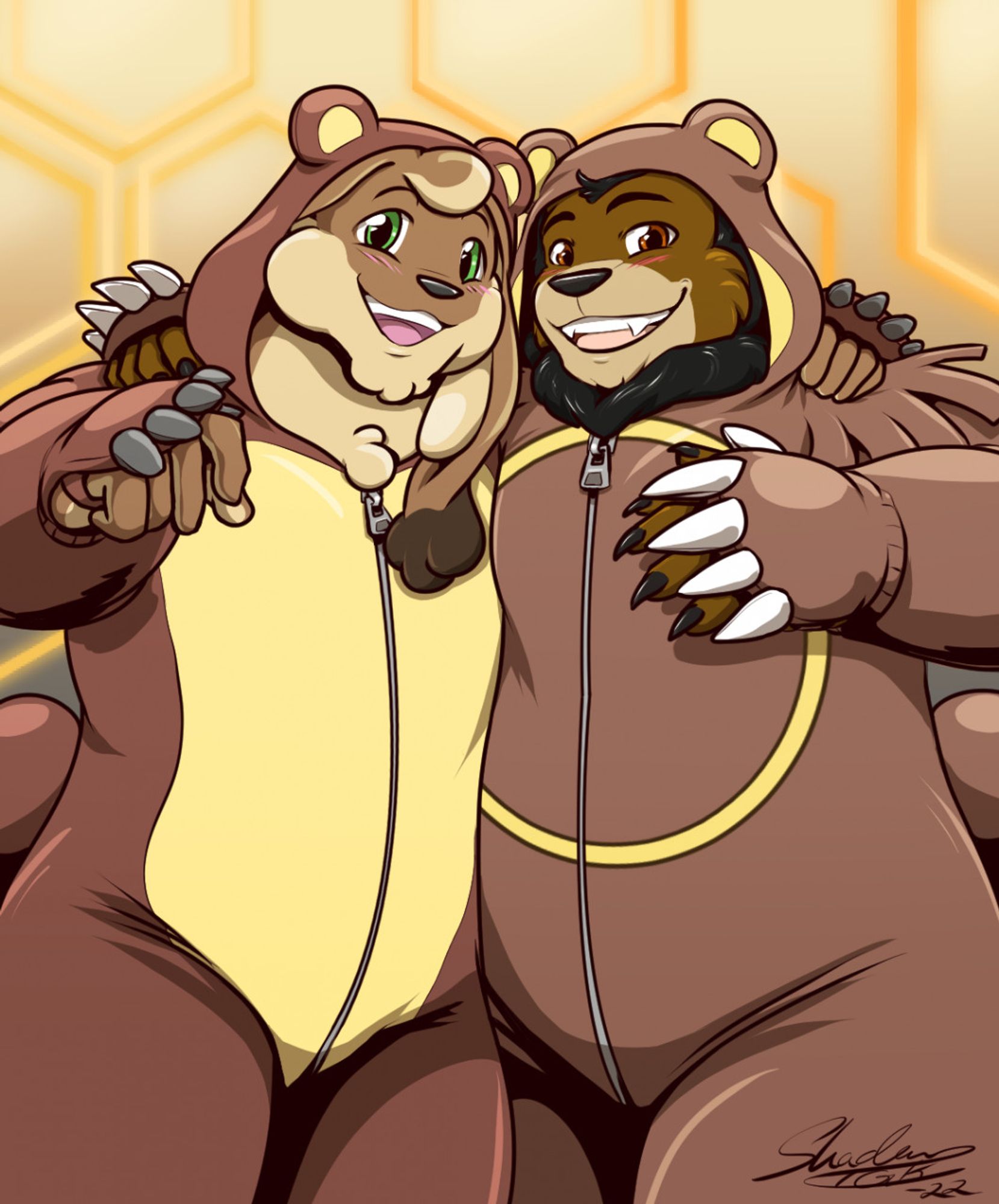 Mocha the bunny in a bear onesie with his bear friend, Lepi, in an Ursaring onesie