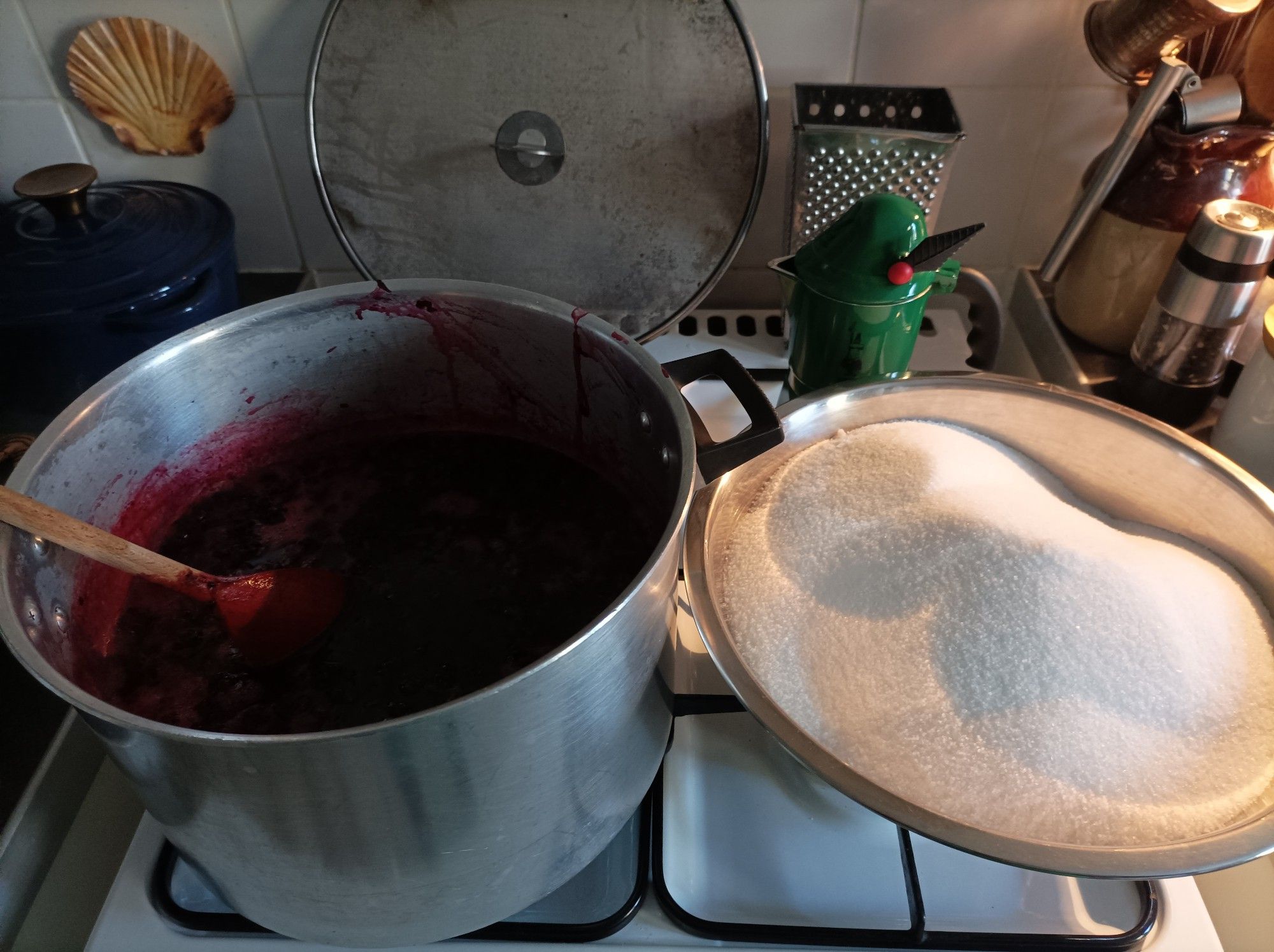 simmered brambles and lemon ring/juice x 2
about to receive 6lb sugar!