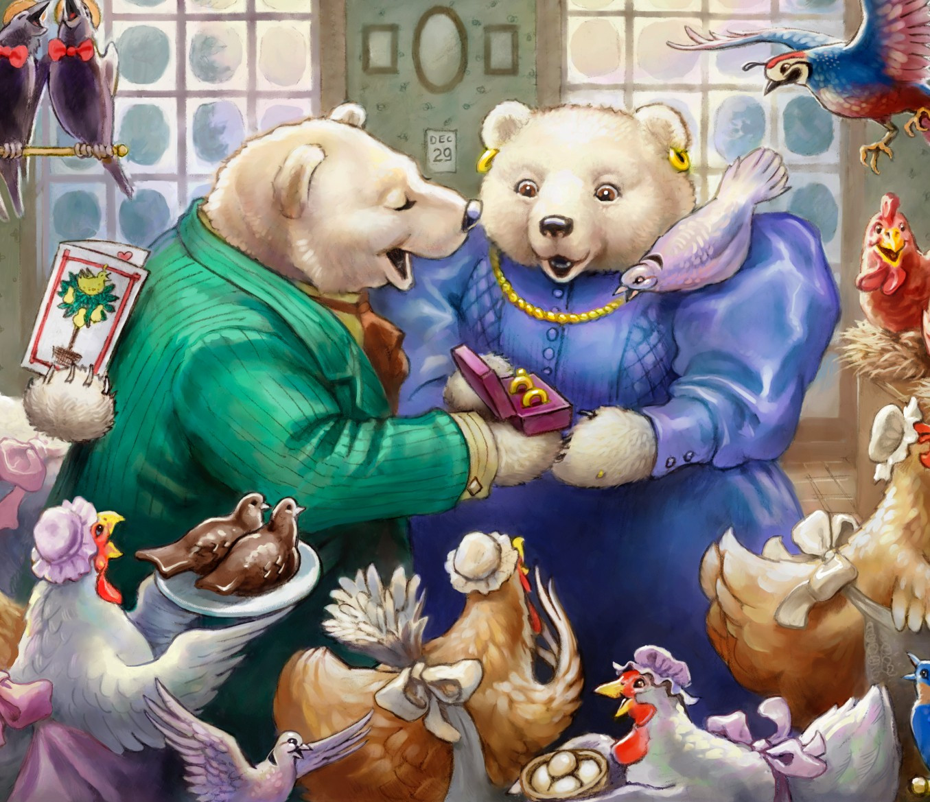 A delightfully illustrated scene from Todd Lockwood's The Twelve Days of Christmas featuring two bears exchanging the gifts surrounded by the various birds from this classic holiday song.