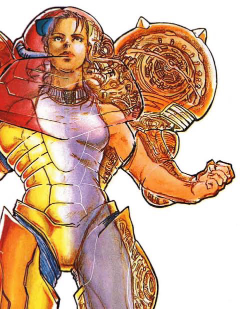 Crop of an artwork used in Super Metroid promotional material, featuring a cutaway view of Samus within her Varia Suit