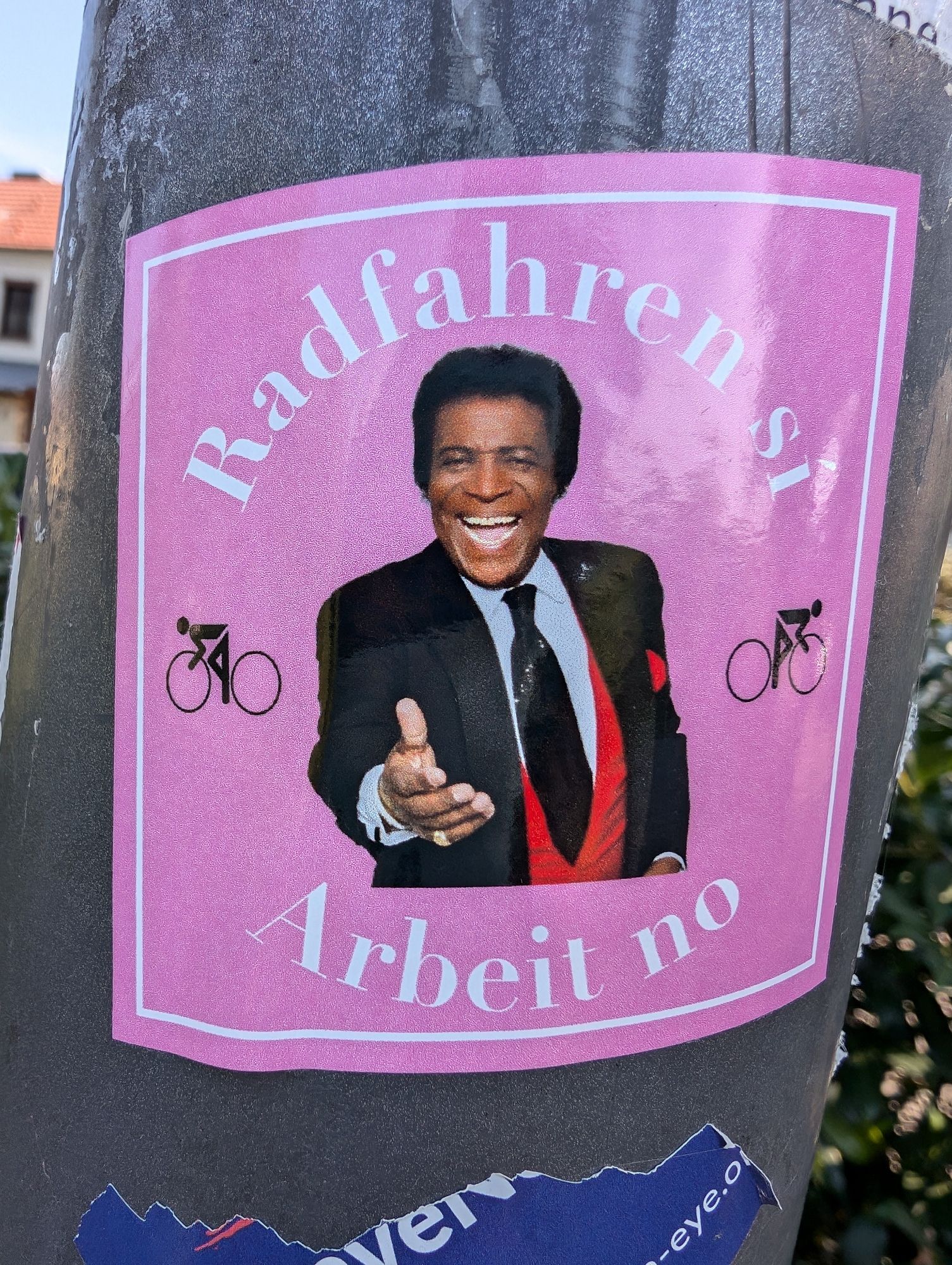 Rosa Sticker: in der Mitte ein lachender Roberto Blanko, darüber und darunter der Text: "Radfahren sí"
"Arbeit nö"