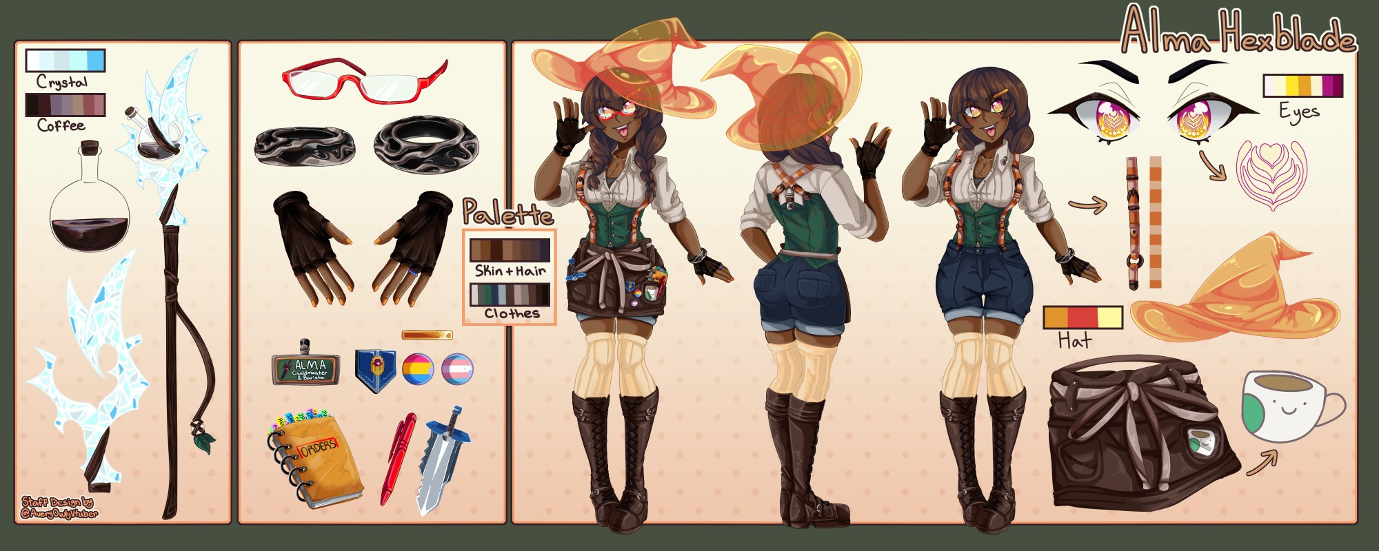 A character sheet of Alma Hexblade, her wonderful accessories, and a good shot of her butt. 