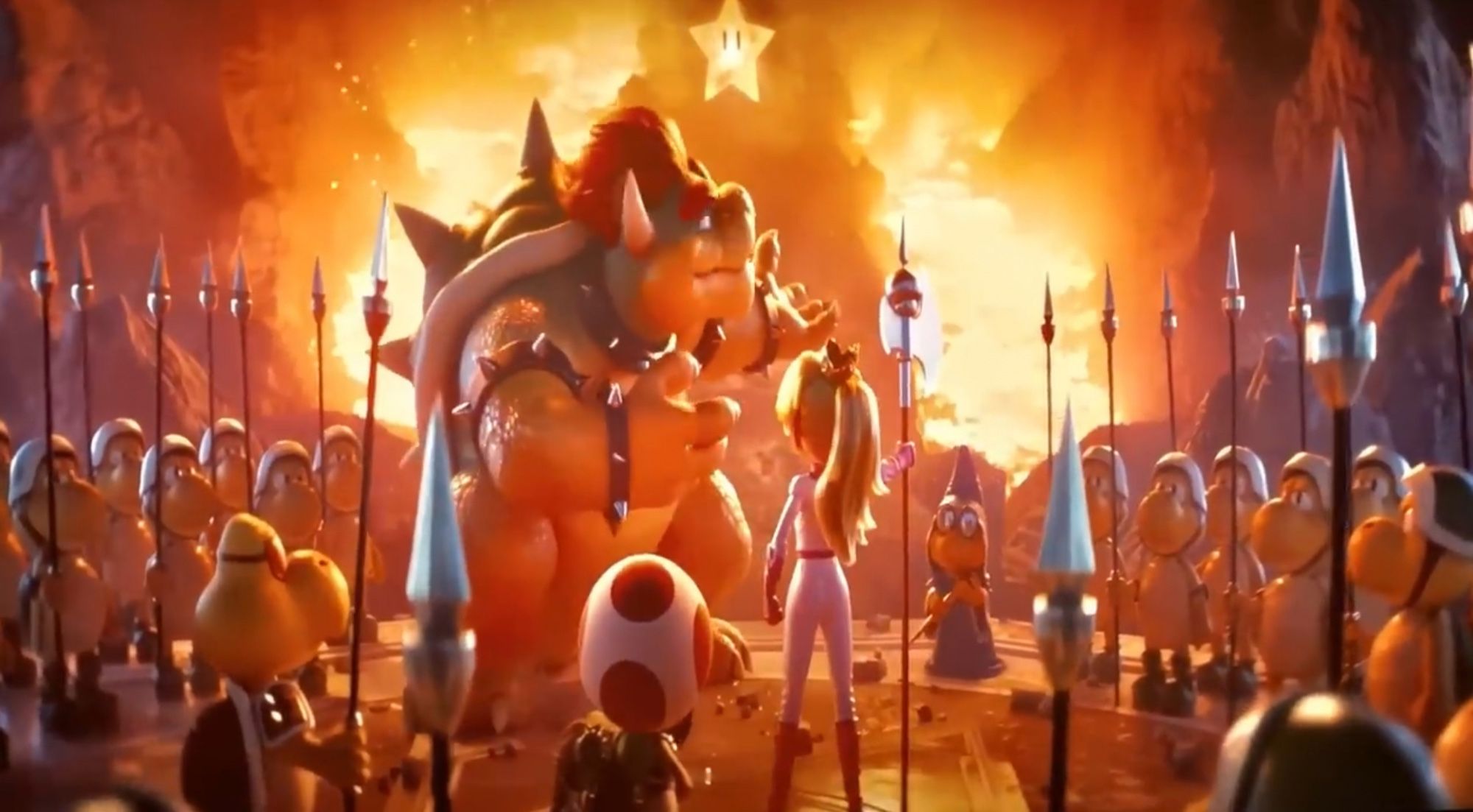 Bowser looms over Peach as he gestures to the star.