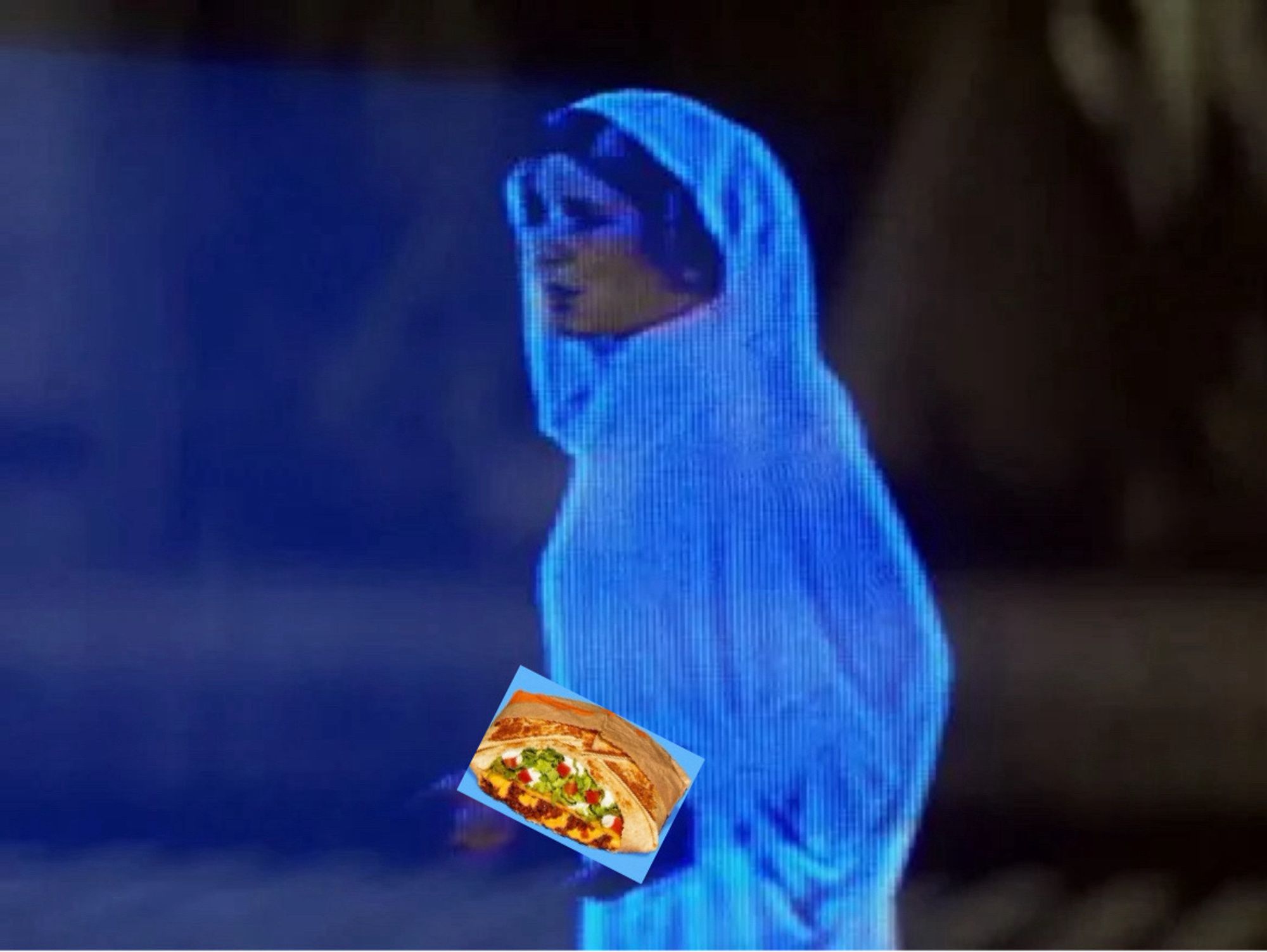 image of a hologram recording of princess leia holding a crunchwrap supreme