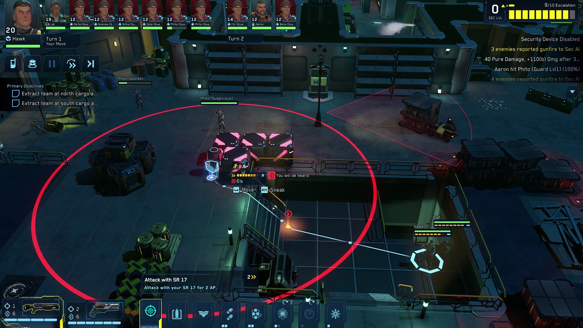 Screenshot of Cyber Knights: Flashpoint, a turn-based squad tactics heist RPG. One of the player's characters plans a move to cover; the UI shows how close they can get while running before they're heard by the closest enemy guard. A red circle shows their currently selected weapon range from their movement destination point, and other lines show they'll be able to step out of cover to fire at one guard, while another will have line of sight to them.