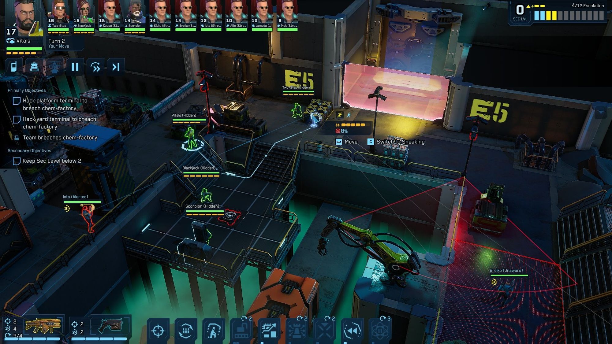 Screenshot from Cyber Knights: Flashpoint. Isometric turn-based tactics gameplay. A tactical RPG HUD shows an initiative order of characters under the player's control with various enemies mixed in, and a security level meter that reacts to the player going loud or choosing to take a more stealth game approach.