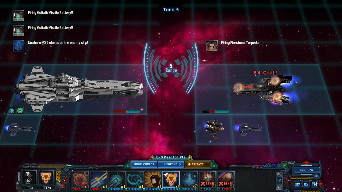 Star Traders: Frontiers screenshot showing the game's turn-based tactical spaceship combat. The player's starship and starfighters face off against an enemy ship. An array of actions based on the talents chosen by the player for their crew members are available.