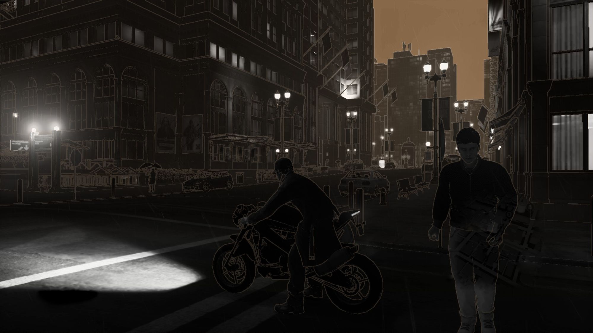 A dark, stylized city street scene at night with two silhouetted figures. One is pushing a motorcycle, and the other is walking nearby. Tall buildings and streetlights are visible, casting a soft glow.