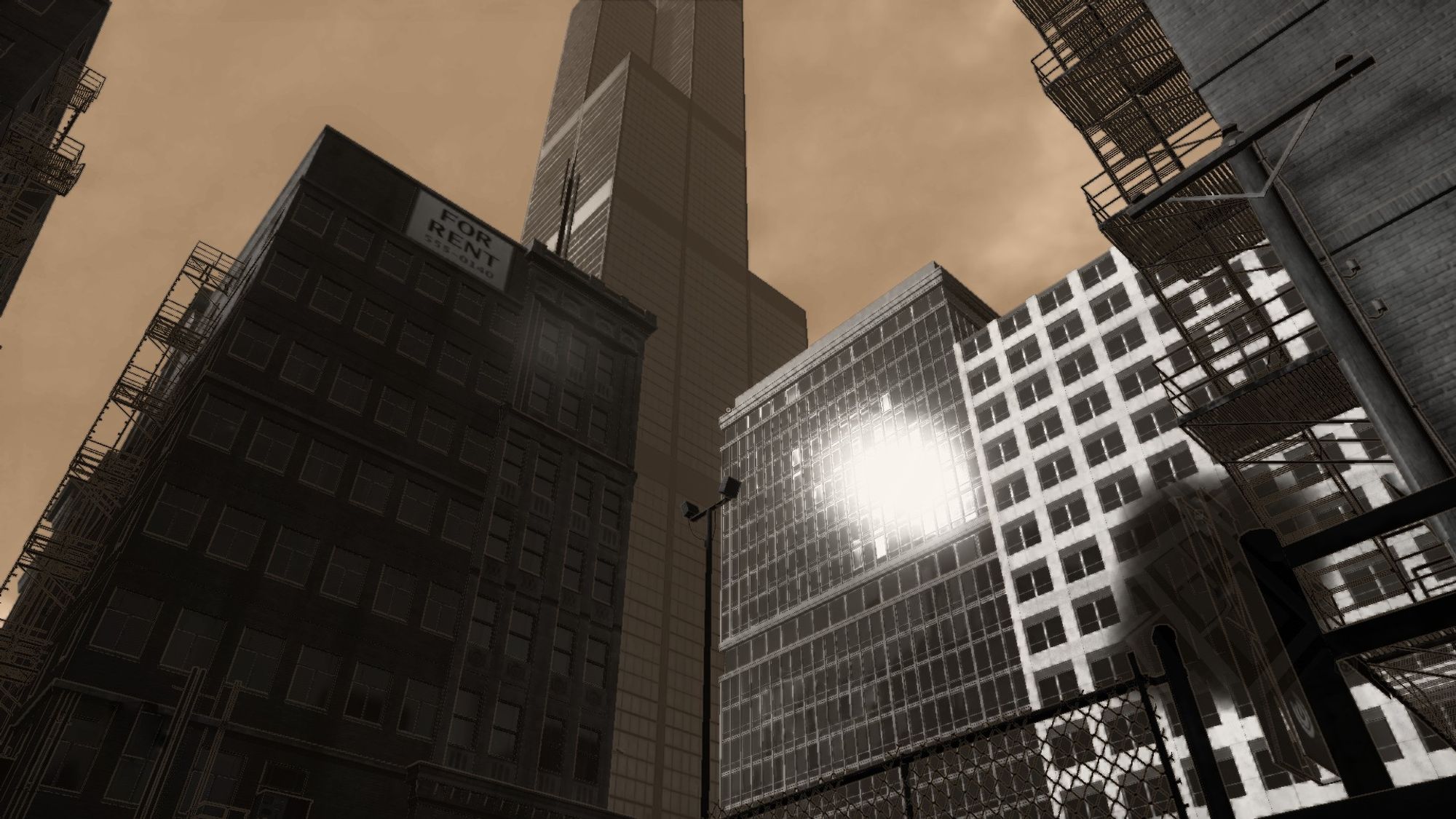 Sepia-toned cityscape featuring tall skyscrapers against the sky. Sunlight reflects off a glass building, casting dramatic shadows. A "For Rent" sign is visible on one building, and a chain-link fence appears in the foreground.