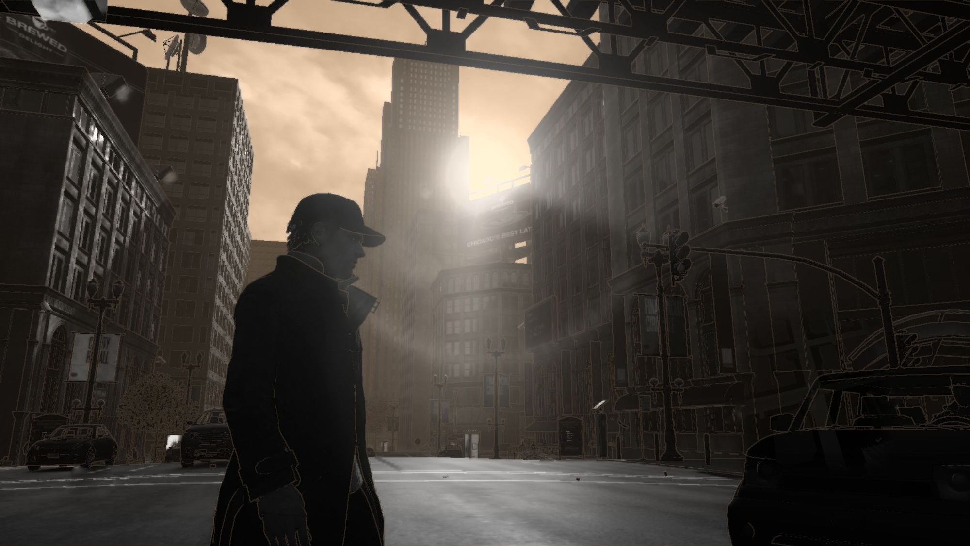 Silhouetted person in a coat and cap walks through a dimly lit city street under a railway bridge, with sun rays piercing through tall buildings.