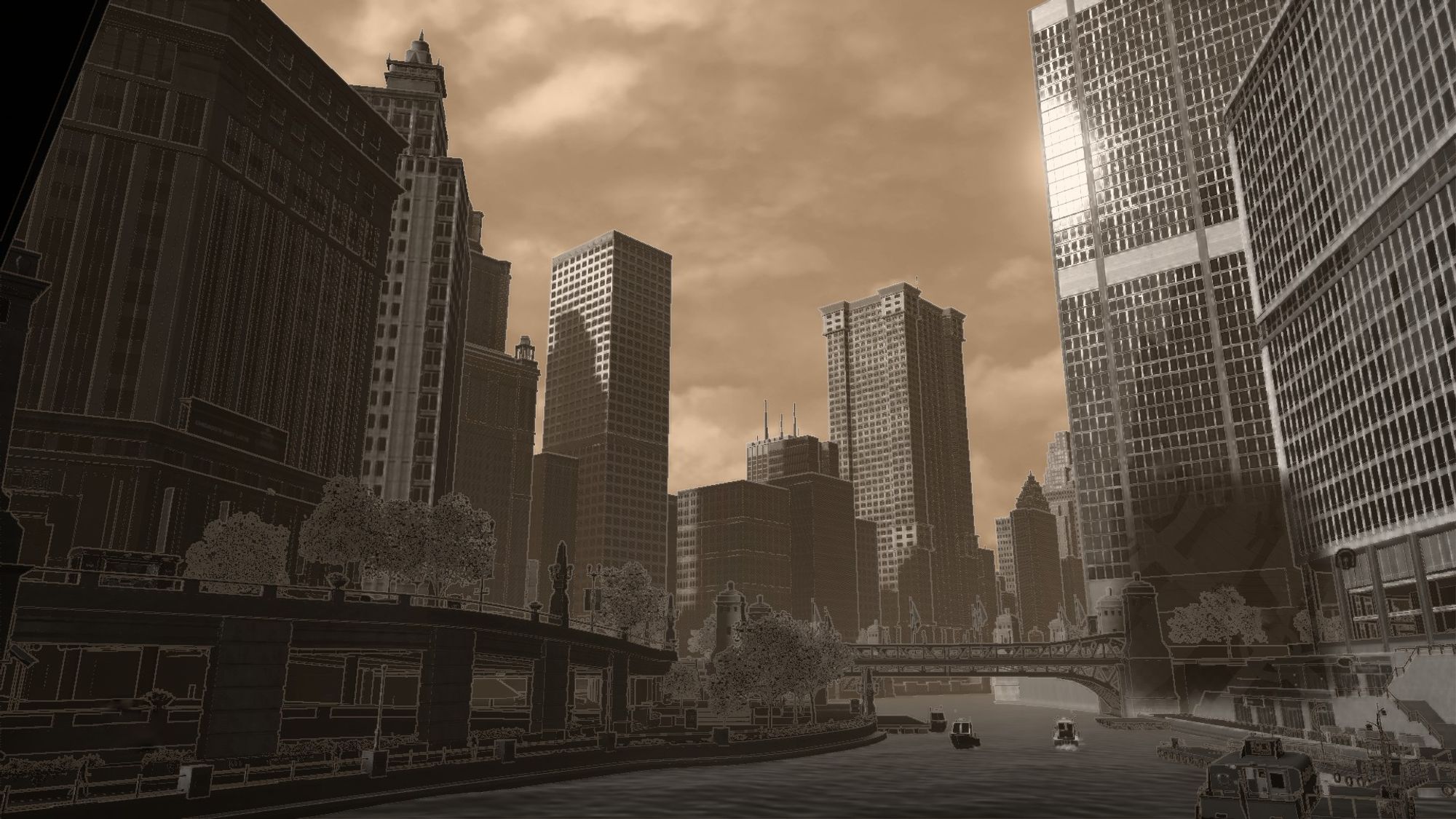 Sepia-toned image of a city skyline with tall buildings and a river in the foreground. Bridges cross over the river, and a few cars are visible on the roads alongside the buildings, creating a vintage urban atmosphere.