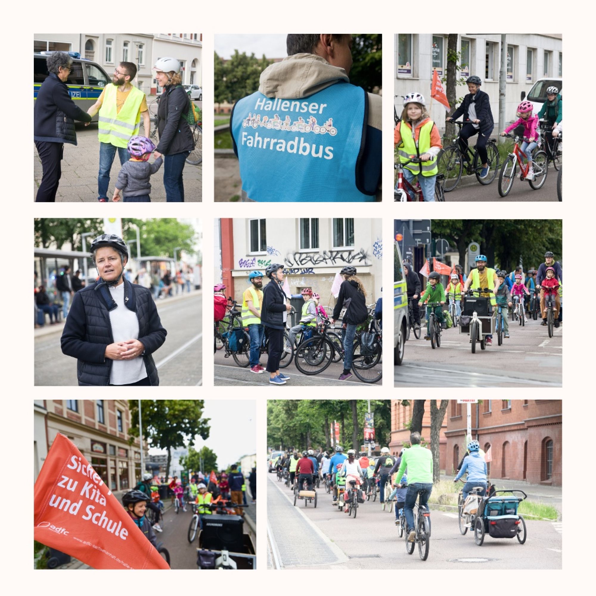 Bildcollage: oben links: Ministerin Dr. Lydia Hüskens wird von Sebastian Striegel begrüßt, davor eine Mutter mit Kind an der Hand, beide mit Fahrradhelmen auf dem Kopf, im Hintergrund ein Polizeiauto. Oben Mitte: Ein junger Mensch von hinten mit einer blauen Sicherheitsweste und dem Aufdruck Hallenser Fahrradbus. Oben rechts: Frau Ministerin Hüskens auf dem Fahrrad neben bzw. vor drei Fahrrad fahrenden Kindern und Jugendlichen mit Fahrradhelmen und einer Sicherheitsweste sowie Fahne. Mitte links: Frau Ministerin Hüskens mit Fahrradhelm im Porträt. Mitte mittig: Frau Ministerin Hüskens hält eine Ansprache vor Kindern und Erwachsenen des Fahrradbusses. Mitte rechts: Der Fahrradbus fährt - Kinder und Erwachsene mit Fahrradhelmen fahren auf ihren Fahrrädern, in der Mitte ein Lastenrad. Unten links: im Vordergrund eine rote Fahrradfahne mit der Aufschrift Sicher zu Kita und Schule, im Hintergrund der Fahrradbus. Unten mittig und rechts: der Fahrradbus von hinten – bunte Fahrradfahrende mit