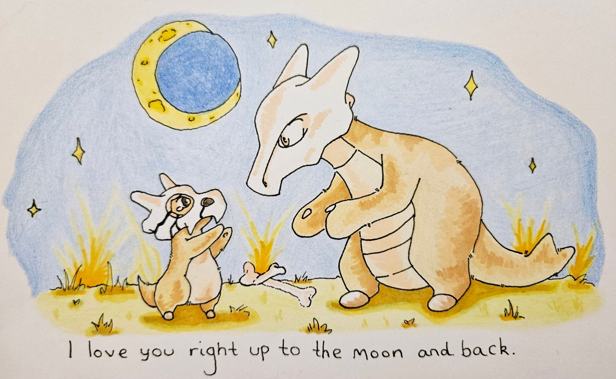 a drawing in the style of the "guess how much i love you" books, with a small cubone crying and reaching up to a larger marowak, who reaches out to hold them. there is a moon and stars in the sky, and text at the bottom reading "i love you right up to the moon and back".