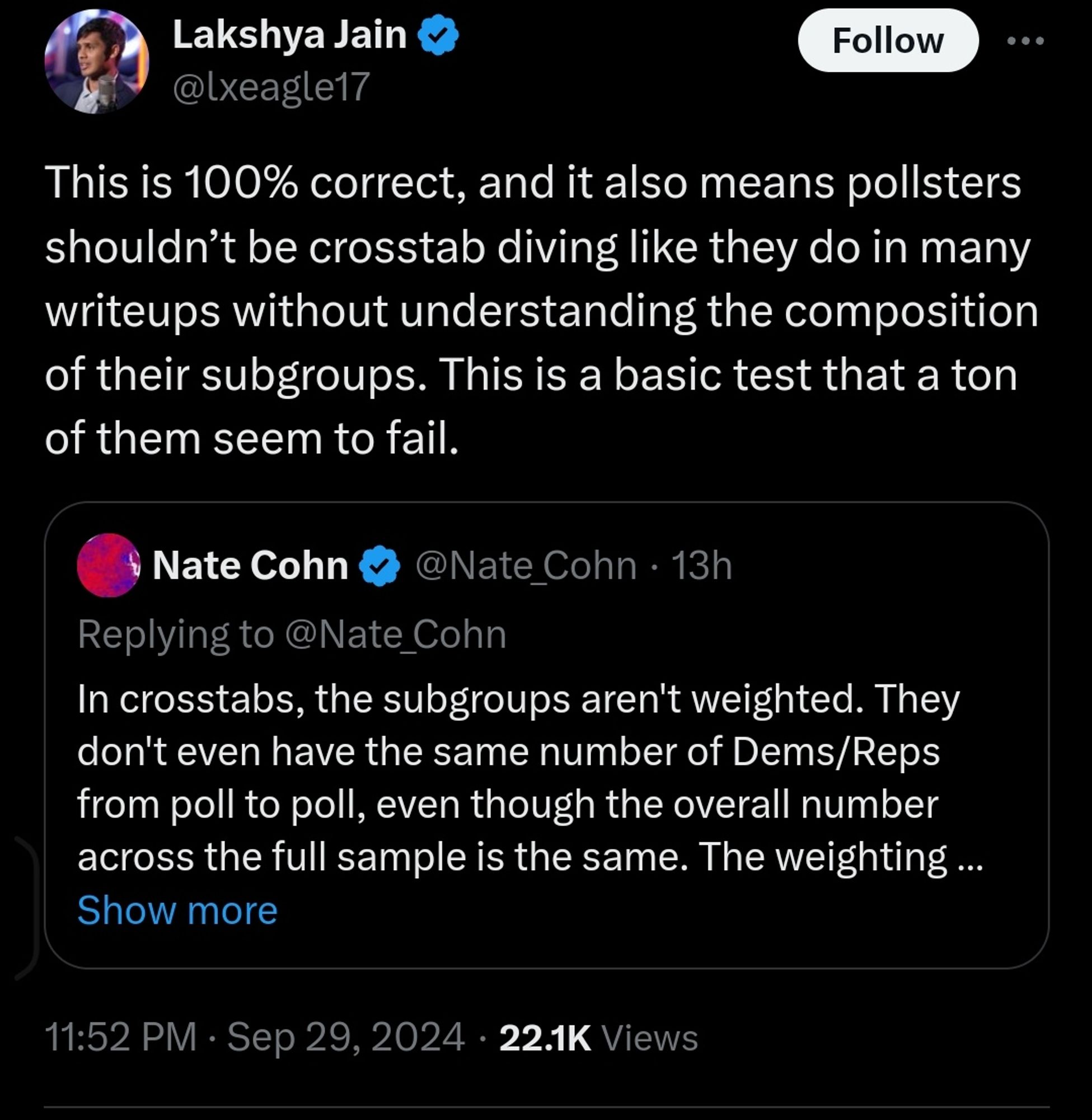 Lackshya Jain post on xitter dunking on Nate Cohn who is admonishing people for looking at cross tabs while being guilty of doing the same thing.