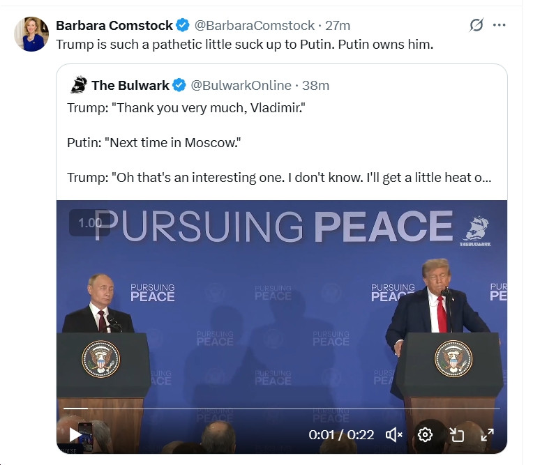 Tweet by Barbara Comstock about what a "pathetic little suck up to Putin" Trump is, after Trump said "Thank you very much, Vladimir," and Putin said "Next time in Moscow"