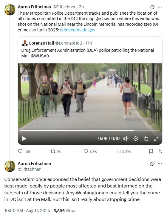 Tweets by Aaron Fritschner about how Trump's decision to deploy the National Guard, etc "isn't really about stopping crime."