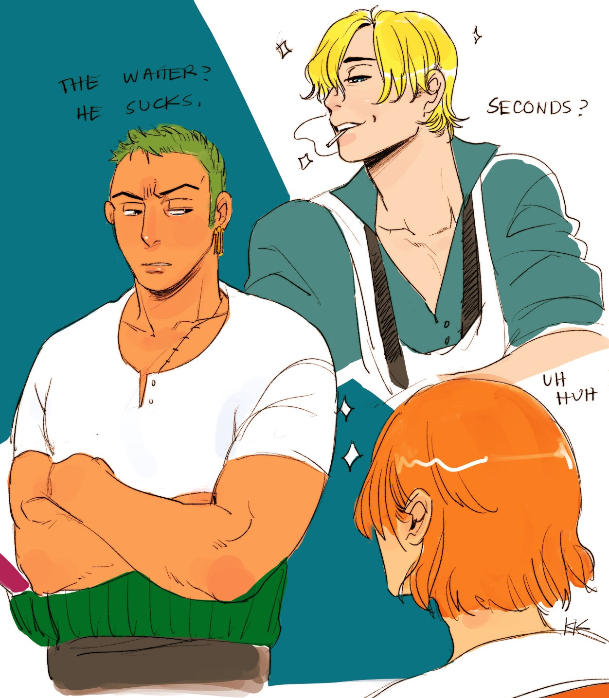 Zoro being tsundere about Sanji and Nami not buying a single word of it