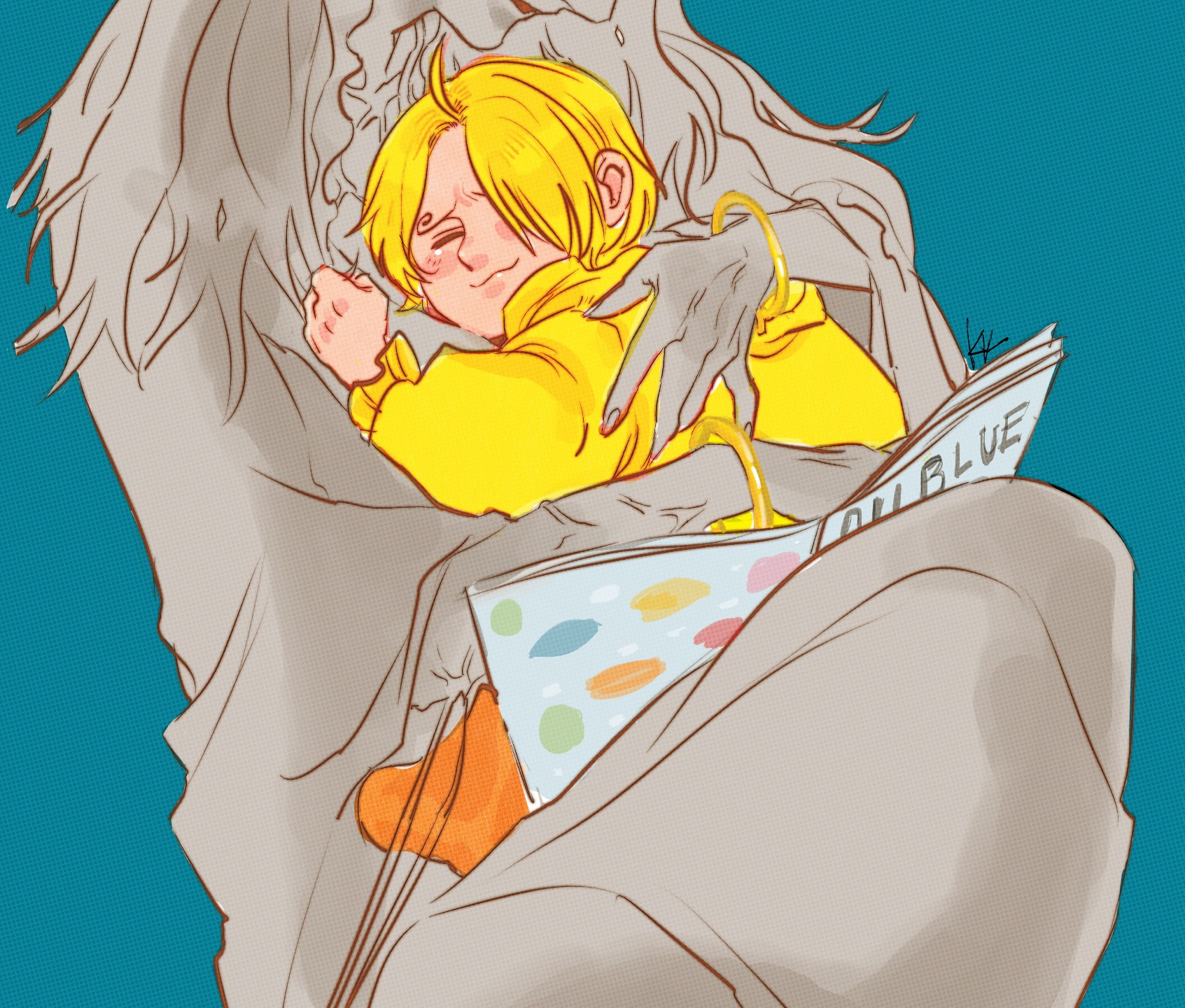 Sanji being cradled by his mother while reading about the all blue