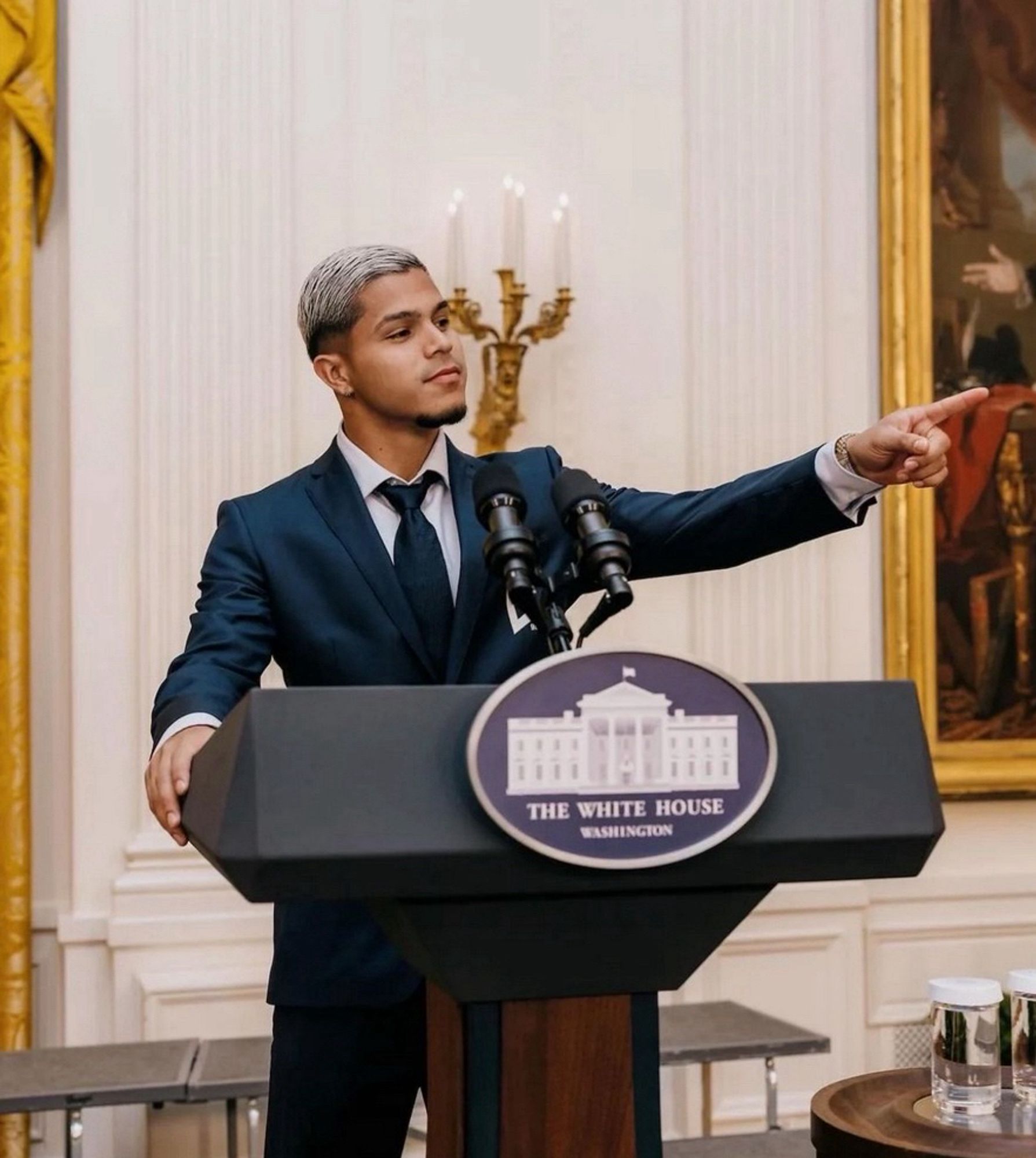 Cucho Hernandez at The White House podium; Crew were in town to be recognized as last years MLS Champs