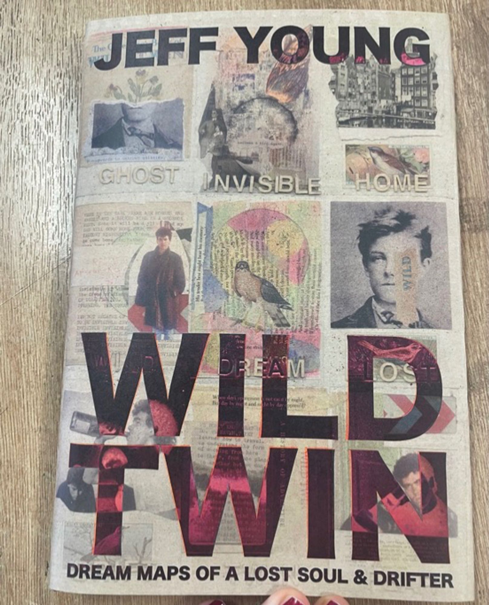 Photo shows front cover of my new book Wild Twin, Dream Maps of a Lost Soul and Drifter. Collages of birds, old photos, typewritten notes, paint and ink