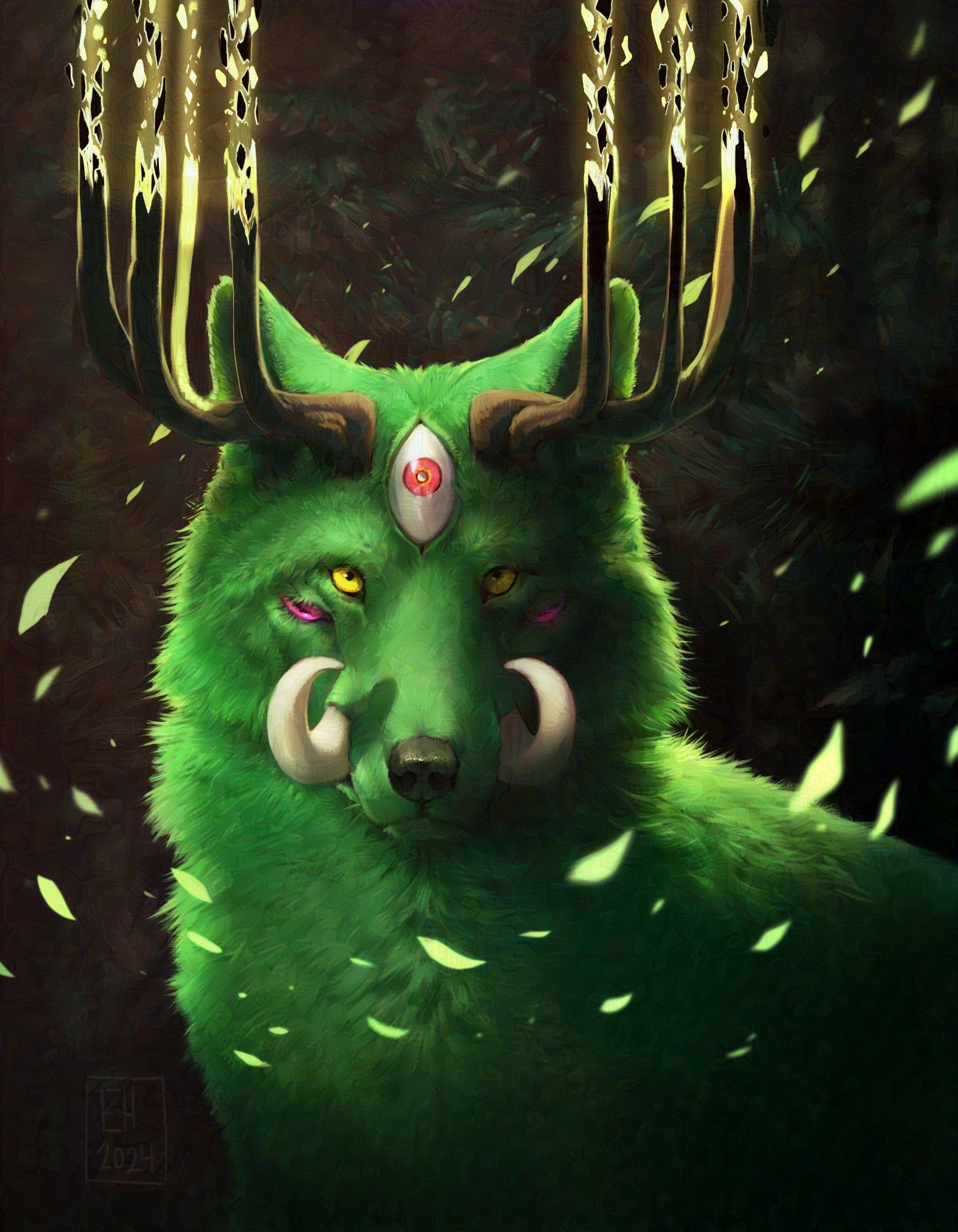 Green wolf in a dark forest with multiple eyes and glowing antlers dissolving into light.