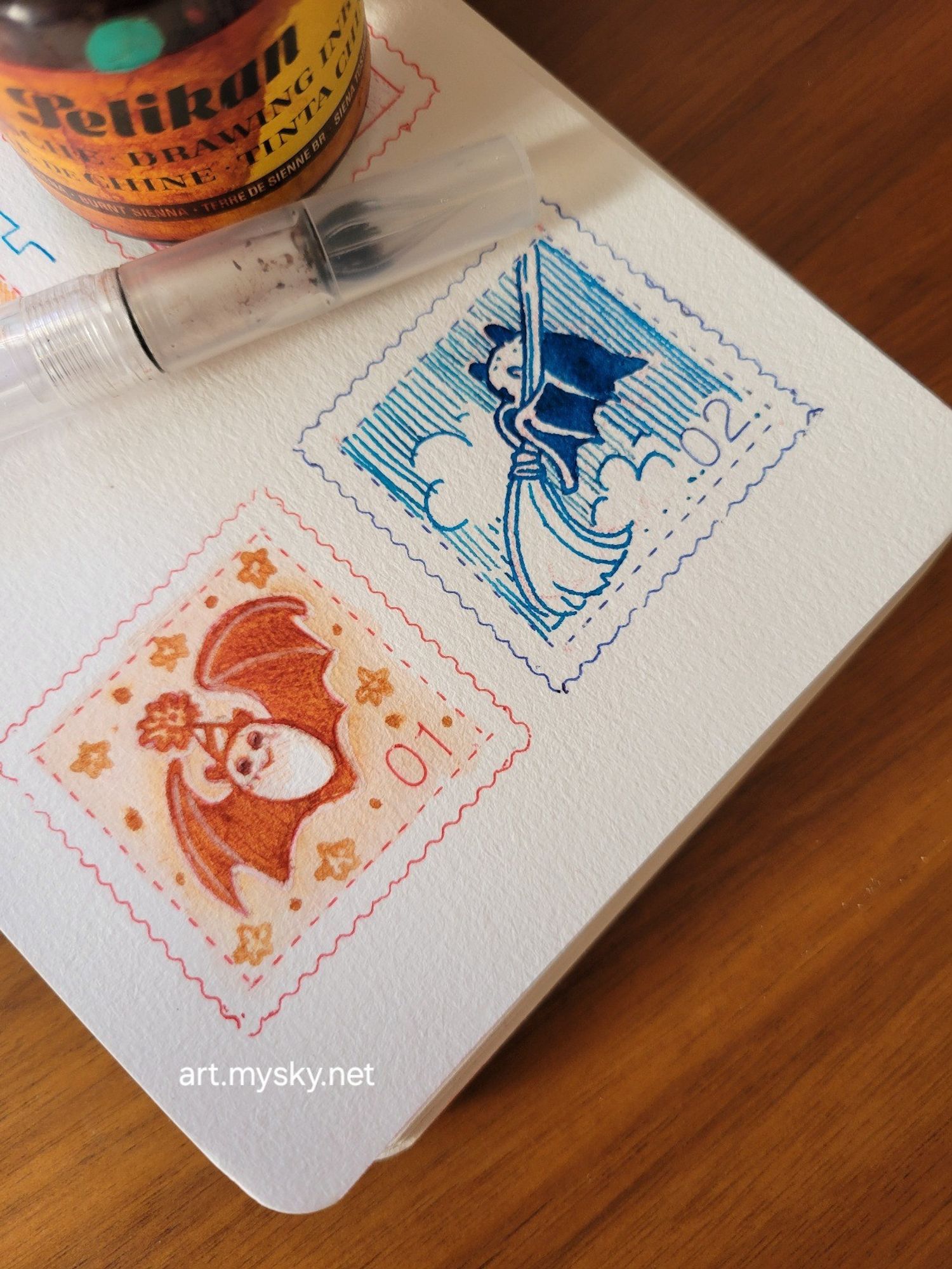 tiny ink drawings styled to look like postage stamps. The first is a bat, the second is a bat with a broom