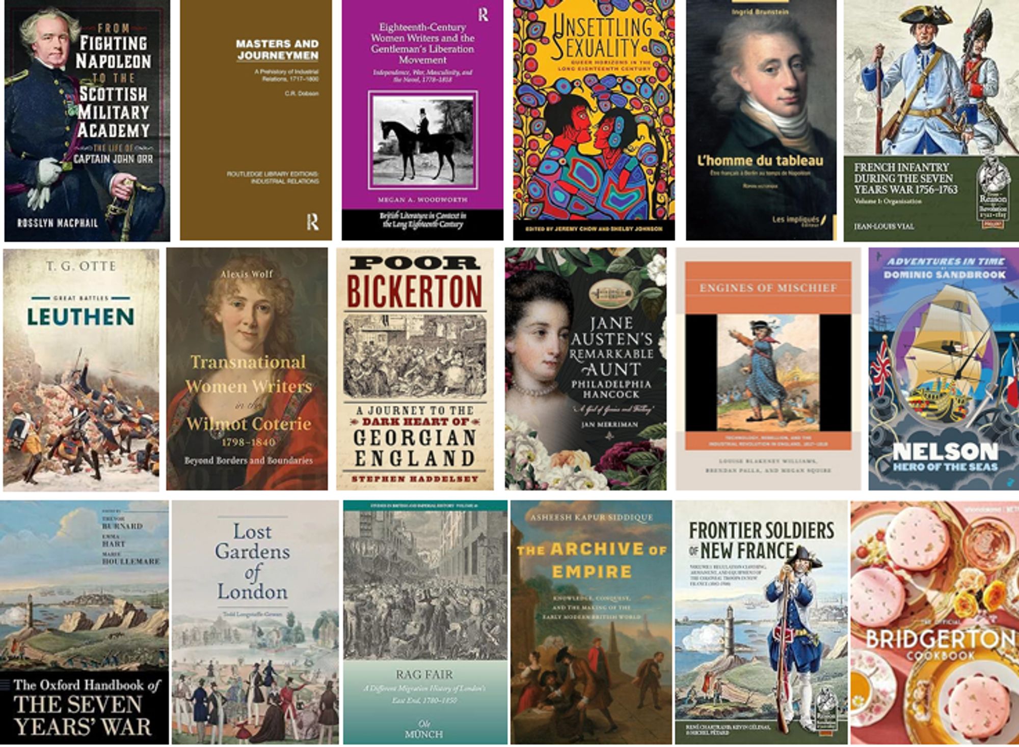 A compilation of 18 covers of the many books about the 18th century scheduled for publishing in Oct 2024