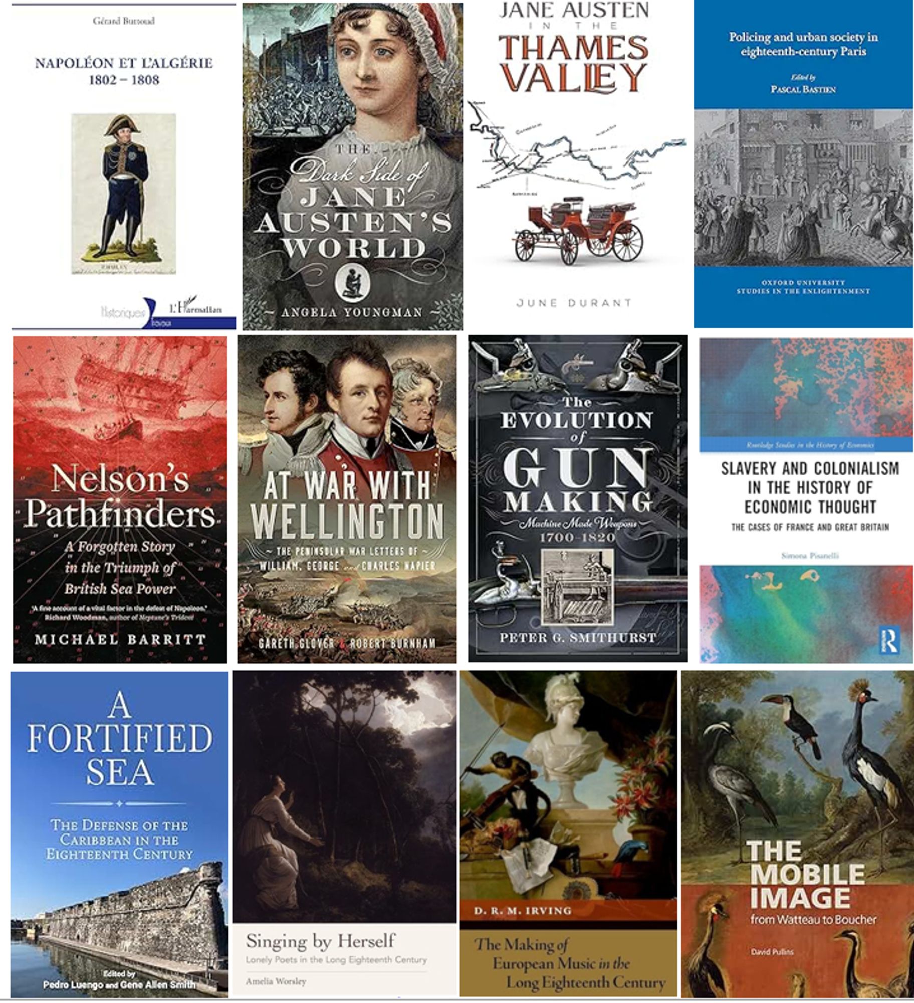 compilation of 16 covers of books about the late 18th century scheduled to be released in August 2024