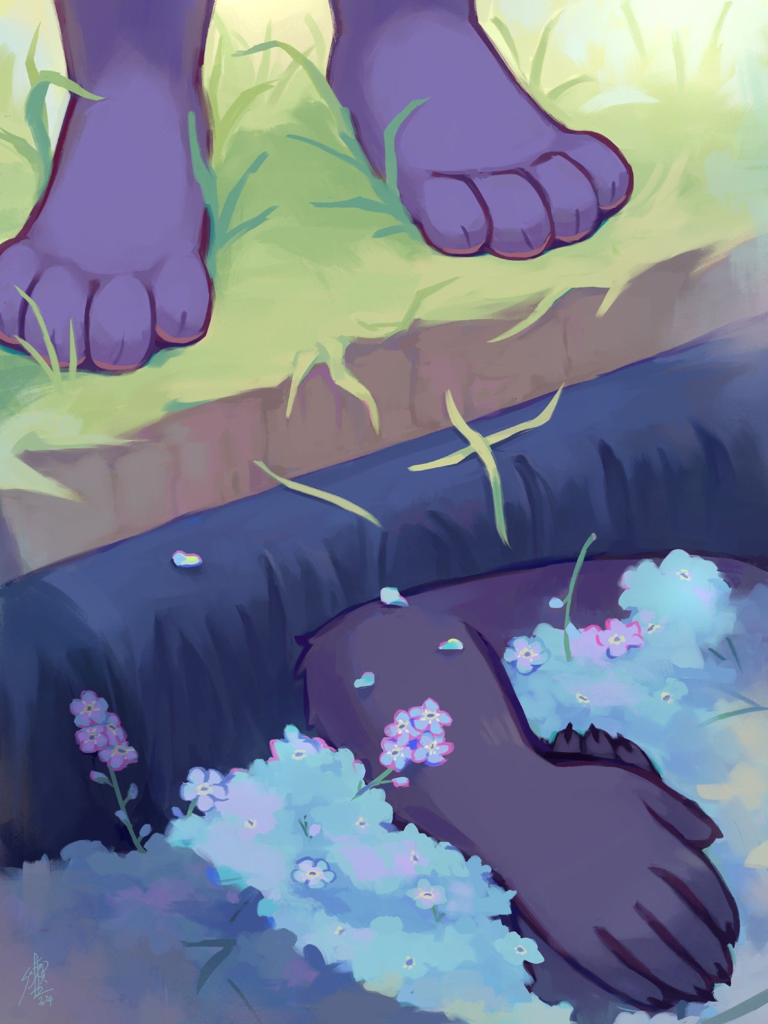 a black cat looking over a coffin with himself in it surrounded by forget-me-nots, the scene is heavily cropped. #saferoart #furryart