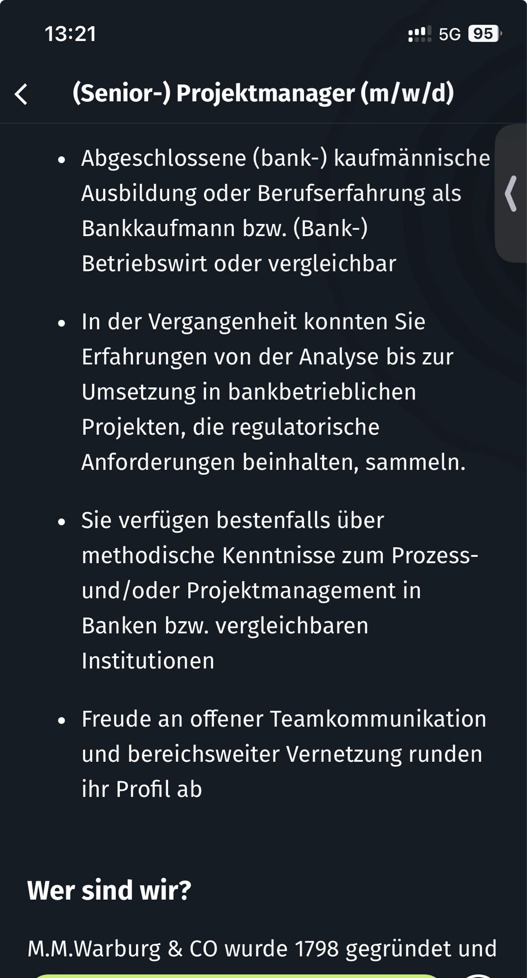 Screenshot aus einer Stellenanzeige. Zusammengefasst sucht M.M.Warburg einen Senior Projektmanager mit fast schon niedlichen (nahe zu Null) Anforderungen.