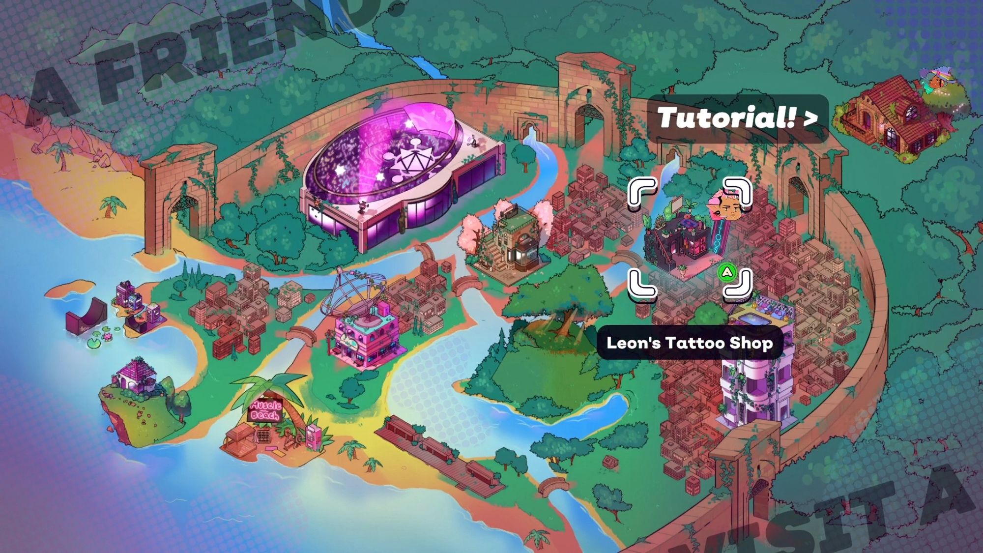 A screenshot from the game, Spirit Swap: Lofi Beats to Match-3 To. It’s of the game map, showing the locations your character can visit. The city is located near the coast, with a wall surrounding its border. The text “tutorial” and “Leon’s tattoo shop” are on two of the buildings.