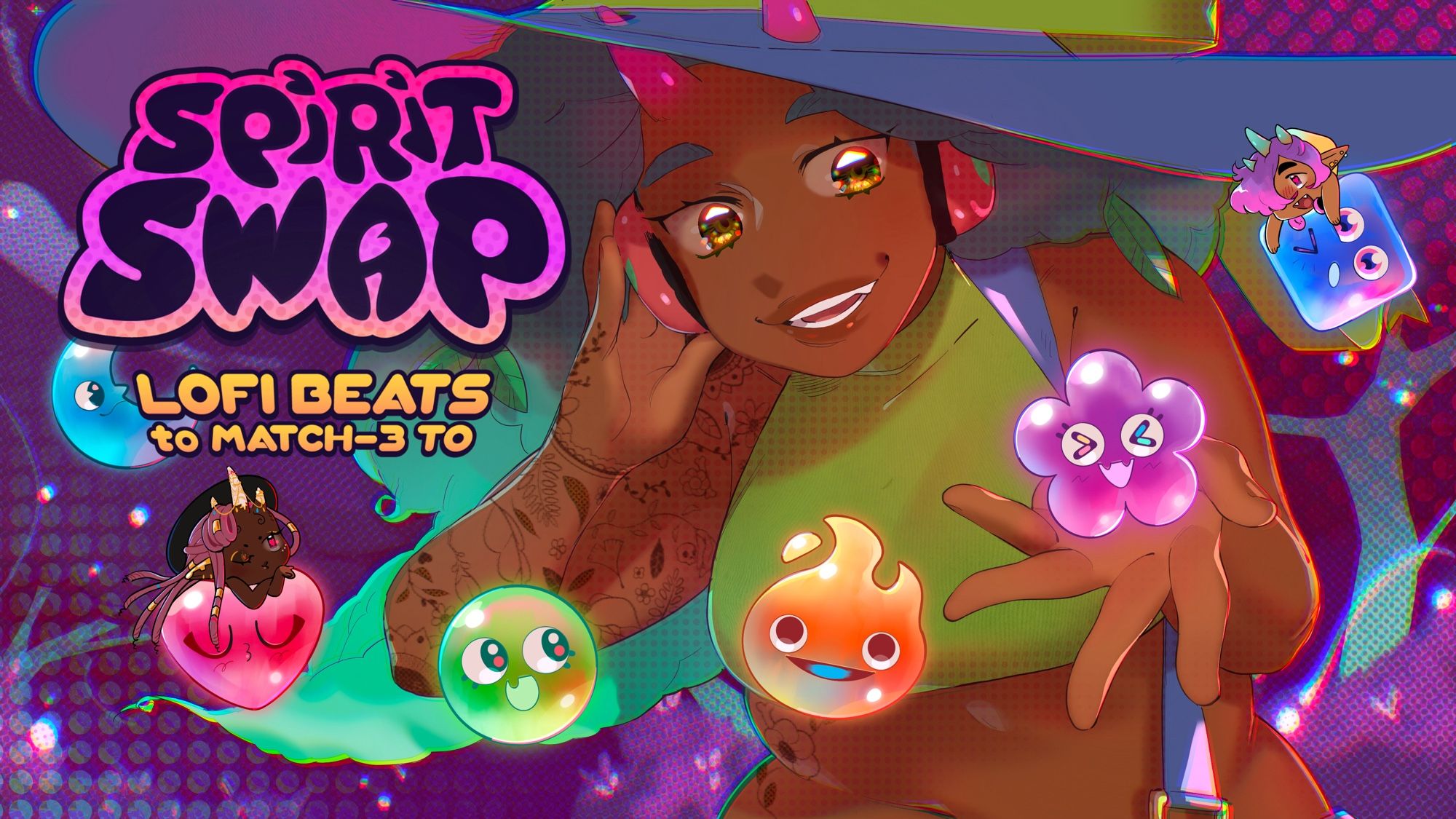 An illustrated key art image of Samar, the protagonist of Spirit Swap holding her headphones to her ears with her right hand. With their left, they have their hand outstretched and open, with a pink flower spirit hovering just above the palm. They’re also surrounded by other floating spirits and chibis of their friends, Mo and Ishk. Logo text says “Spirit Swap: Lofi Beats to Match-3 To”