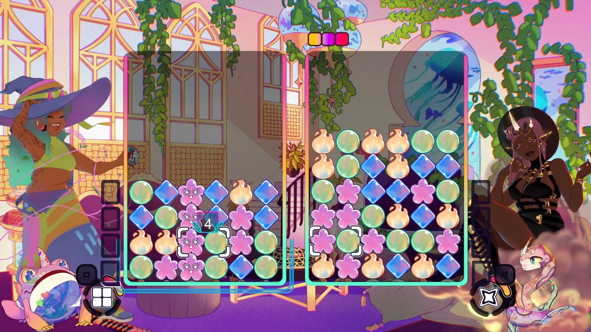 A screenshot from the game Spirit Swap: Lofi Beats to Match-3 To. The background is of a lush apartment with large windows, a mix of peach, pink and purple colors. The foreground is of two characters — Samar and Mo — each next to their respective match-3 board.